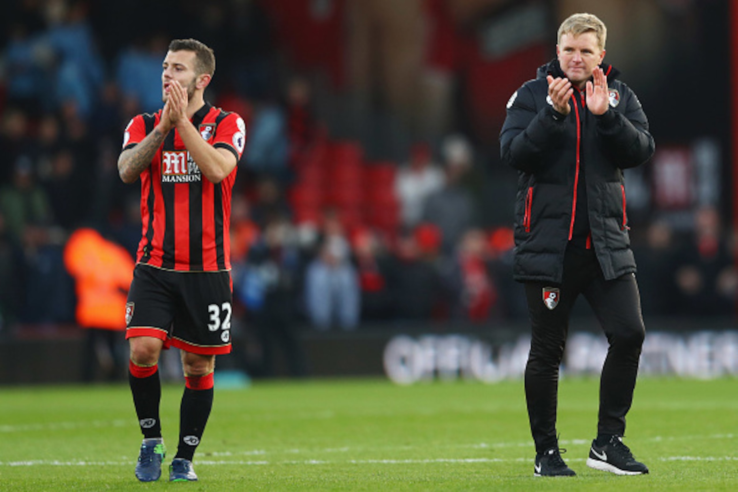 BOURNEMOUTH, ENGLAND - DECEMBER 04: Eddie Howe manager of AFC Bournemouth celebrates victory with Jack Wilshere of AFC Bournemouth after the Premier League match between AFC Bournemouth and Liverpool at Vitality Stadium on December 4, 2016 in Bournemouth BOURNEMOUTH, ENGLAND - DECEMBER 04: Eddie Howe manager of AFC Bournemouth celebrates victory with Jack Wilshere of AFC Bournemouth after the Premier League match between AFC Bournemouth and Liverpool at Vitality Stadium on December 4, 2016 in Bournemouth