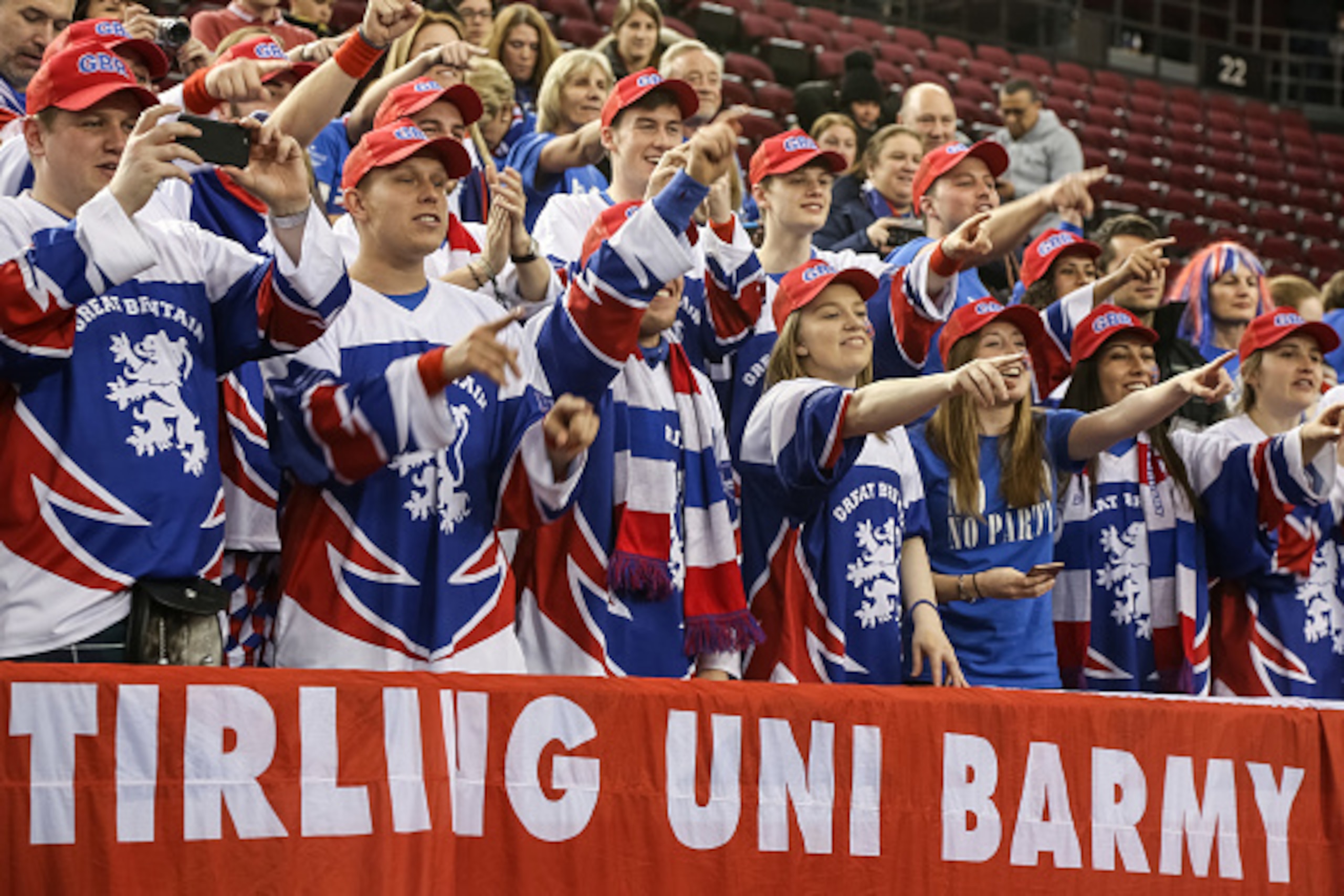OTTAWA, ON - FEBRUARY 5: Fans cheer on Great Britain after their team's win over Canada on day three of the Davis Cup World Group tie between Great Britain and Canada at TD Place Arena on February 5, 2017 in Ottawa, Ontario, Canada.  (Photo by Andre Ringu