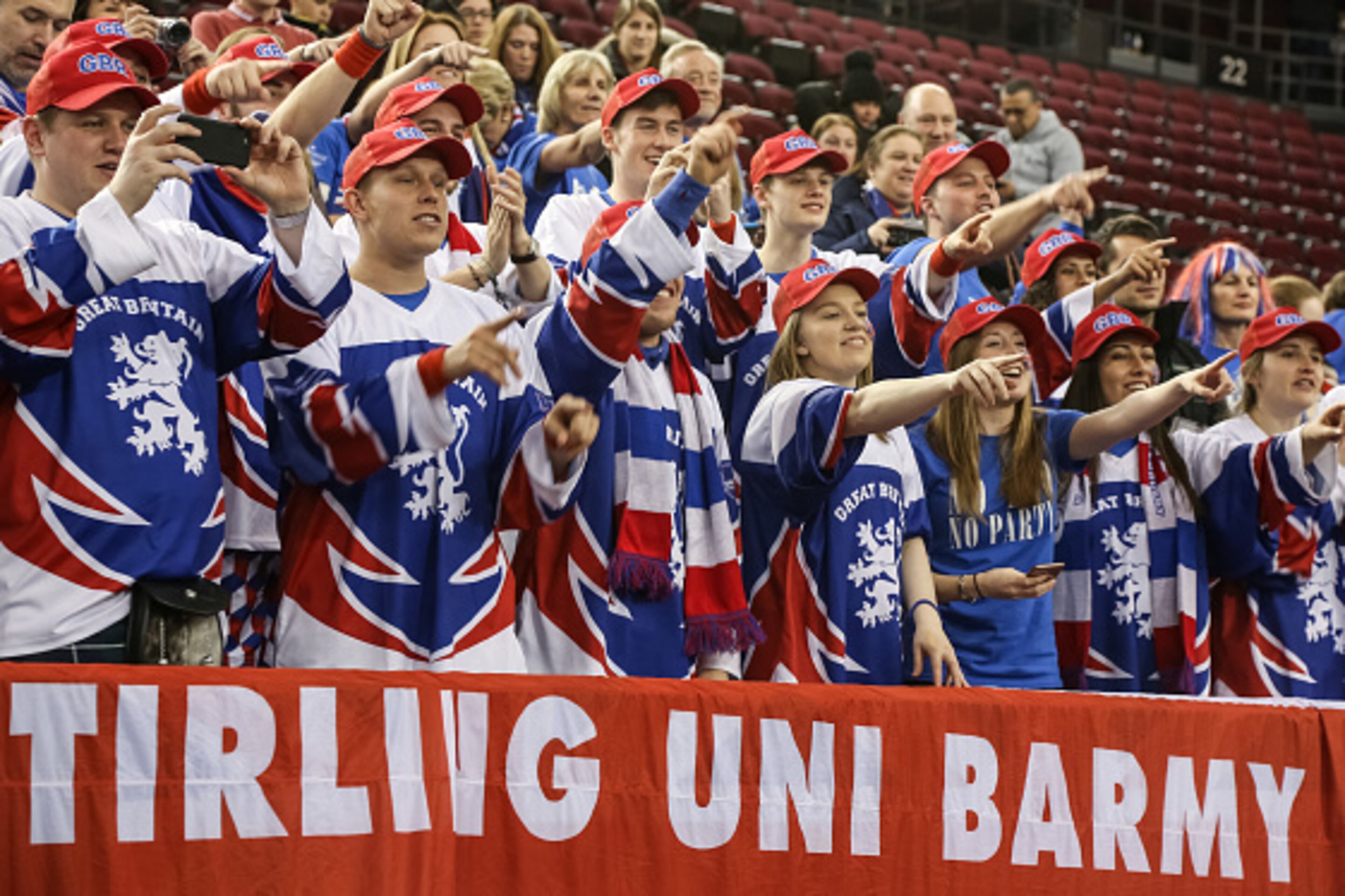 OTTAWA, ON - FEBRUARY 5: Fans cheer on Great Britain after their team's win over Canada on day three of the Davis Cup World Group tie between Great Britain and Canada at TD Place Arena on February 5, 2017 in Ottawa, Ontario, Canada.  (Photo by Andre Ringu