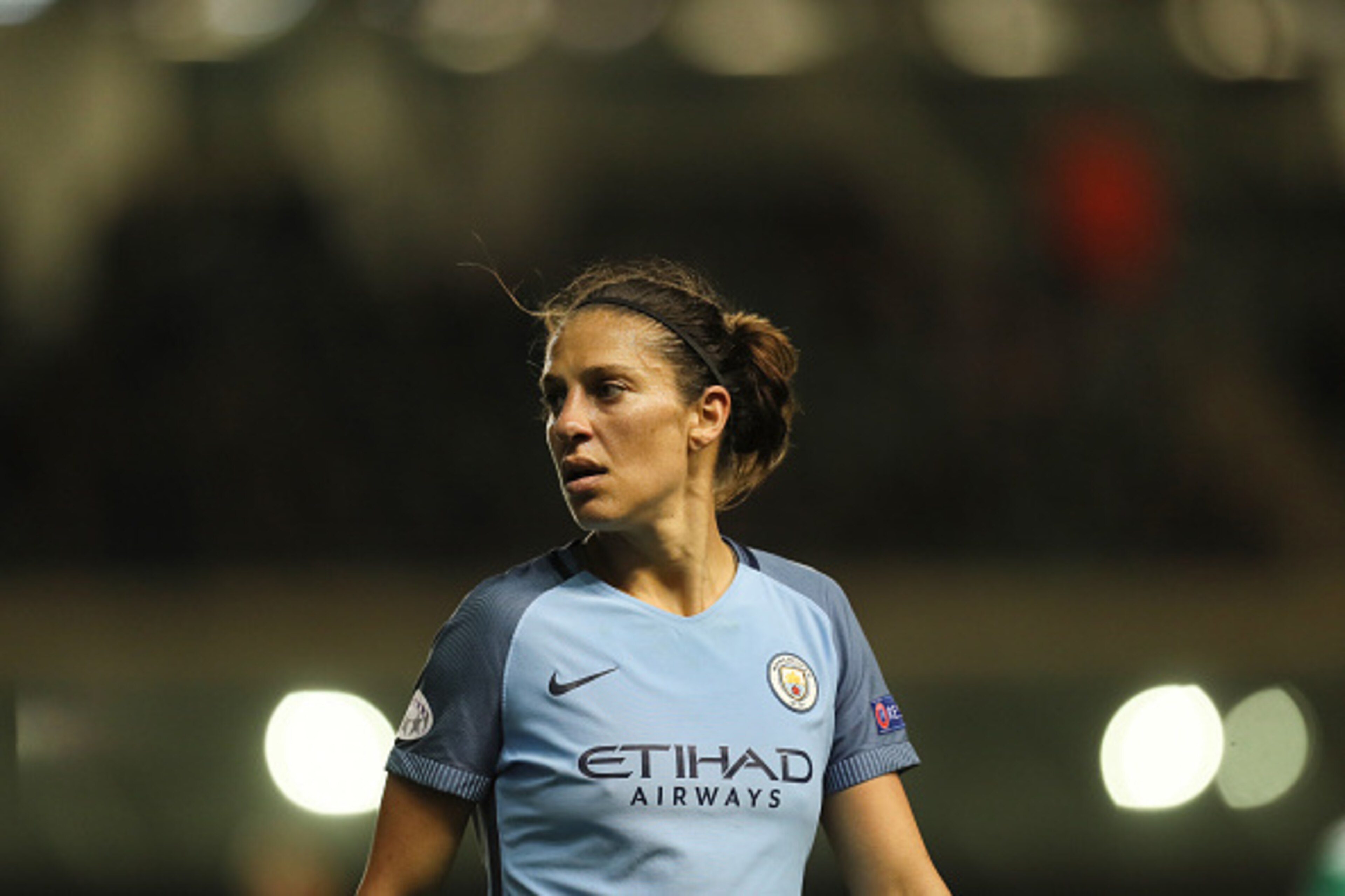 MANCHESTER, ENGLAND - MARCH 30: Carli Lloyd of Manchester City during the UEFA Women's Champions League Quarter Final second leg match between Manchester City and Fortuna at Mini Stadium on March 30, 2017 in Manchester, England. (Photo by Matthew Ashton -