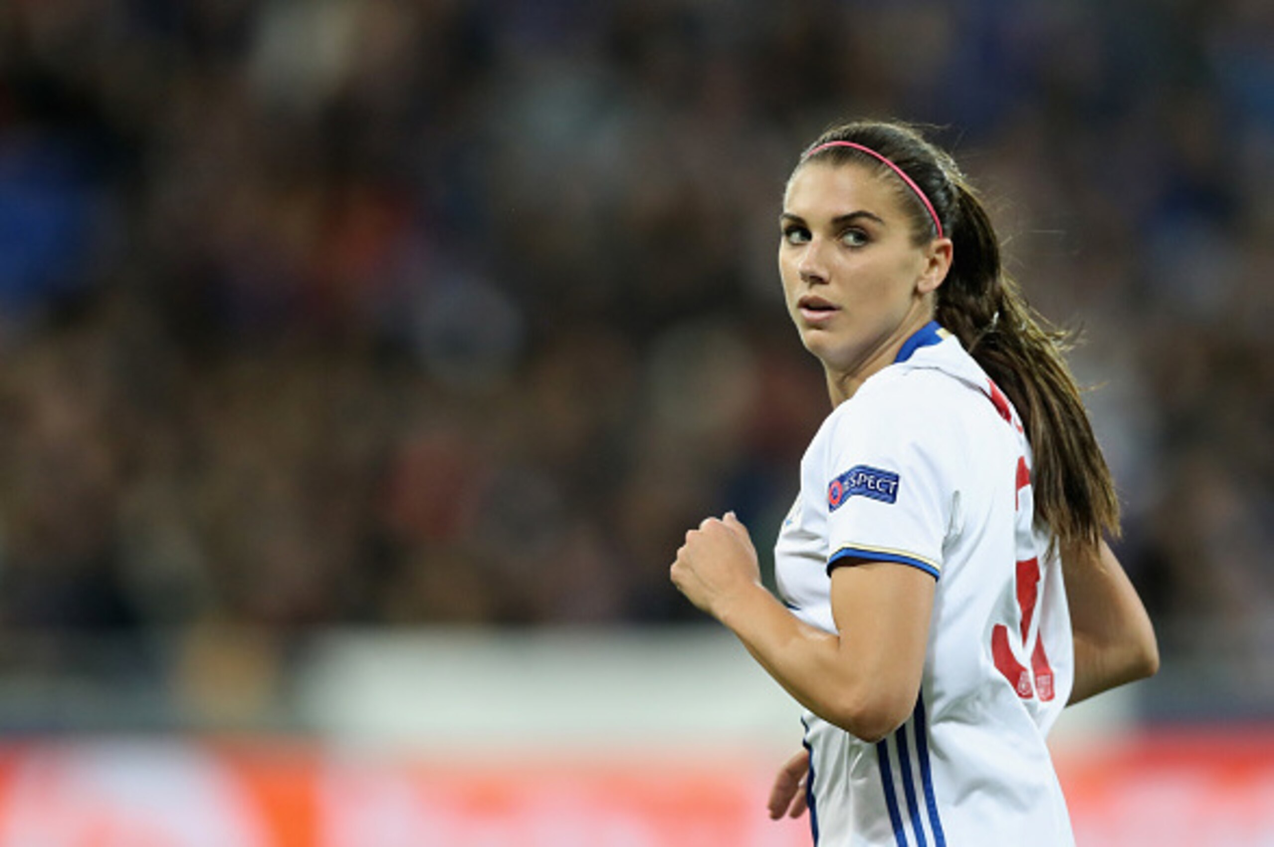 LYON, FRANCE - MARCH 29:  Alex Morgan of Olympique Lyon in action during the Women's Champions League match between Lyon and Wolfsburg at Stade de Lyon on March 29, 2017 in Lyon, France.  (Photo by Christopher Lee/Getty Images,)