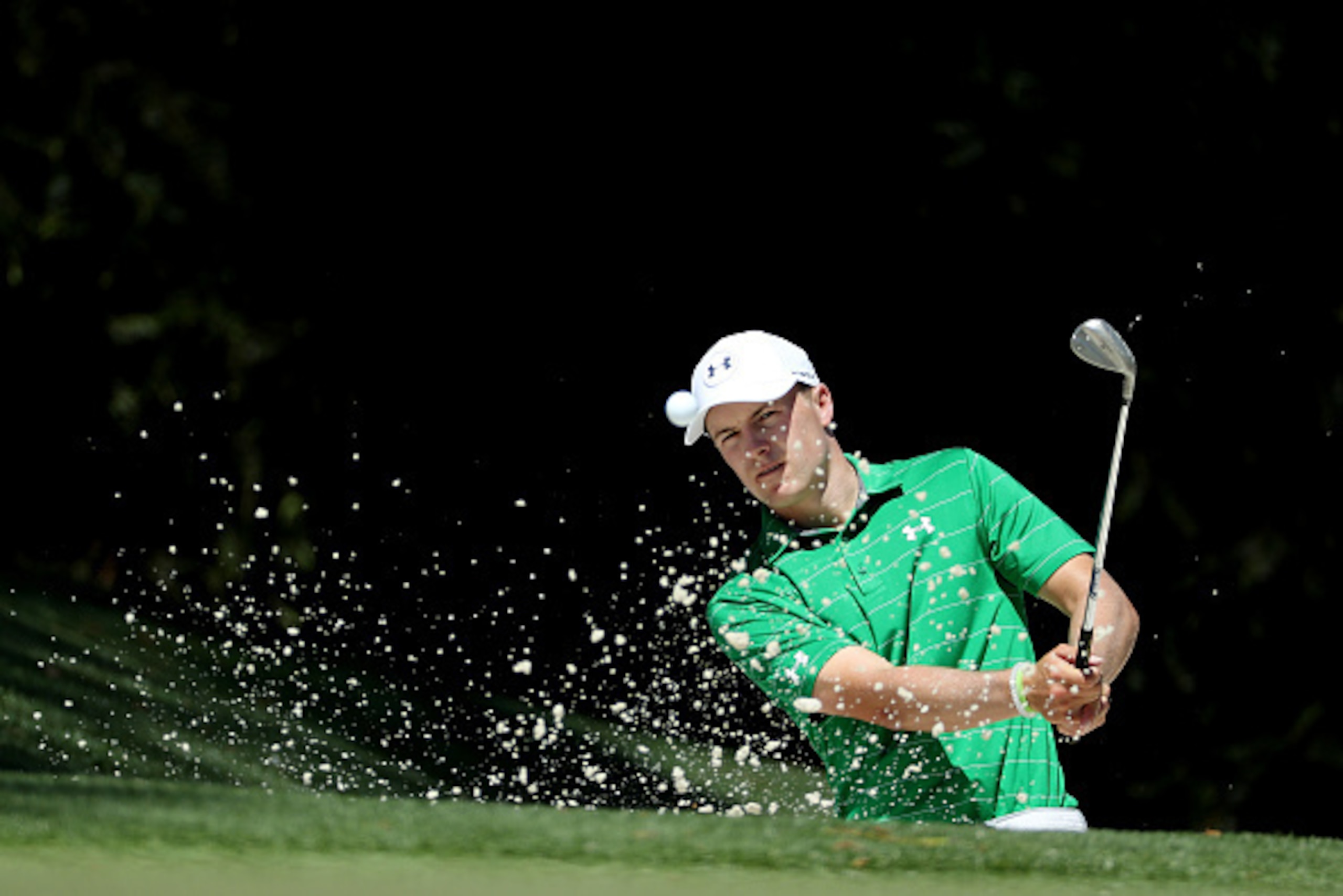 AUGUSTA, GA - APRIL 04:  Jordan Spieth of the United States plays a shot from a bunker on the tenth hole during a practice round prior to the start of the 2017 Masters Tournament at Augusta National Golf Club on April 4, 2017 in Augusta, Georgia.  (Photo 