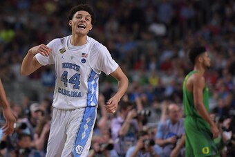 GLENDALE, AZ - APRIL 01: Justin Jackson #44 of the North Carolina Tar Heels reacts following a play against the Oregon Ducks during the 2017 NCAA Men's Final Four Semifinal at University of Phoenix Stadium on April 1, 2017 in Glendale, Arizona. North Caro