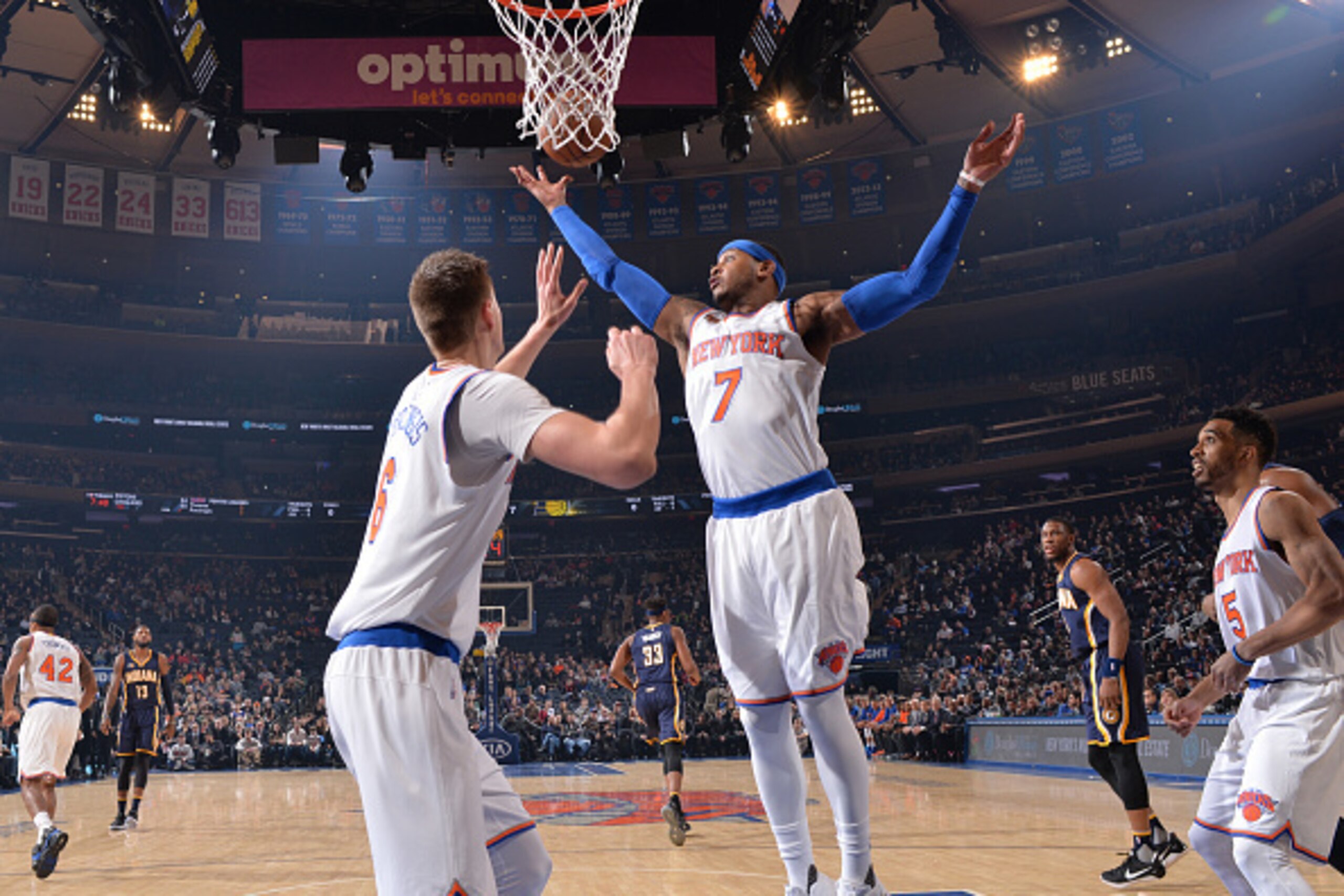 NEW YORK, NY - MARCH 14 : Carmelo Anthony #7 of the New York Knicks grabs the rebound against the Indiana Pacers at Madison Square Garden on March 14, 2017 in New York, New York NOTE TO USER: User expressly acknowledges and agrees that, by downloading and