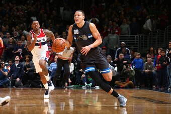 WASHINGTON, DC -  MARCH 5:  Aaron Gordon #00 of the Orlando Magic handles the ball during a game against the Washington Wizards on March 5, 2017 at Verizon Center in Washington, DC. NOTE TO USER: User expressly acknowledges and agrees that, by downloading