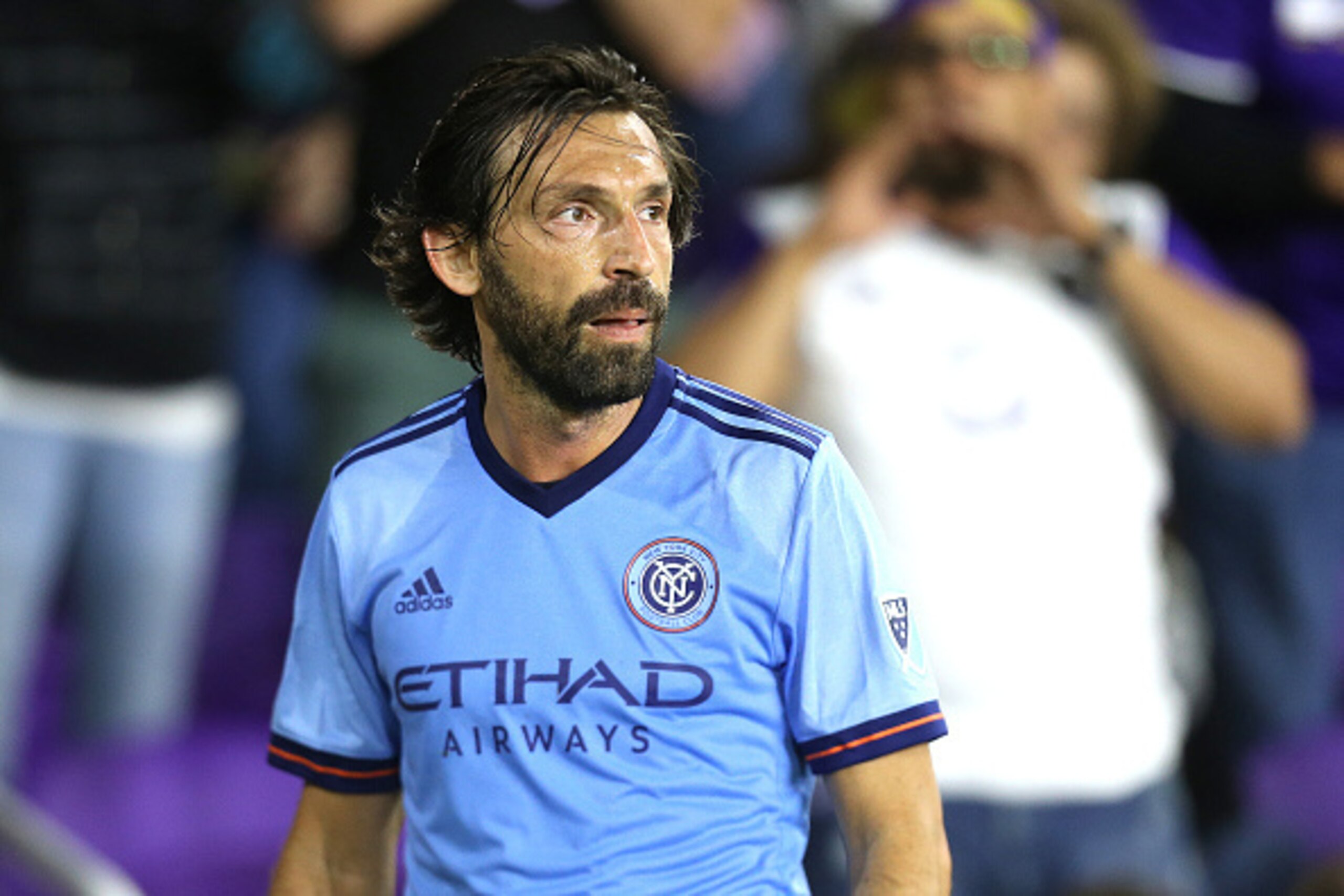 ORLANDO, FL - MARCH 05:  Andrea Pirlo #21 of New York City FC prepares for a corner kick during a MLS soccer match between New York City FC and Orlando City SC at the Orlando City Stadium on March 5, 2017 in Orlando, Florida. (Photo by Alex Menendez/Getty