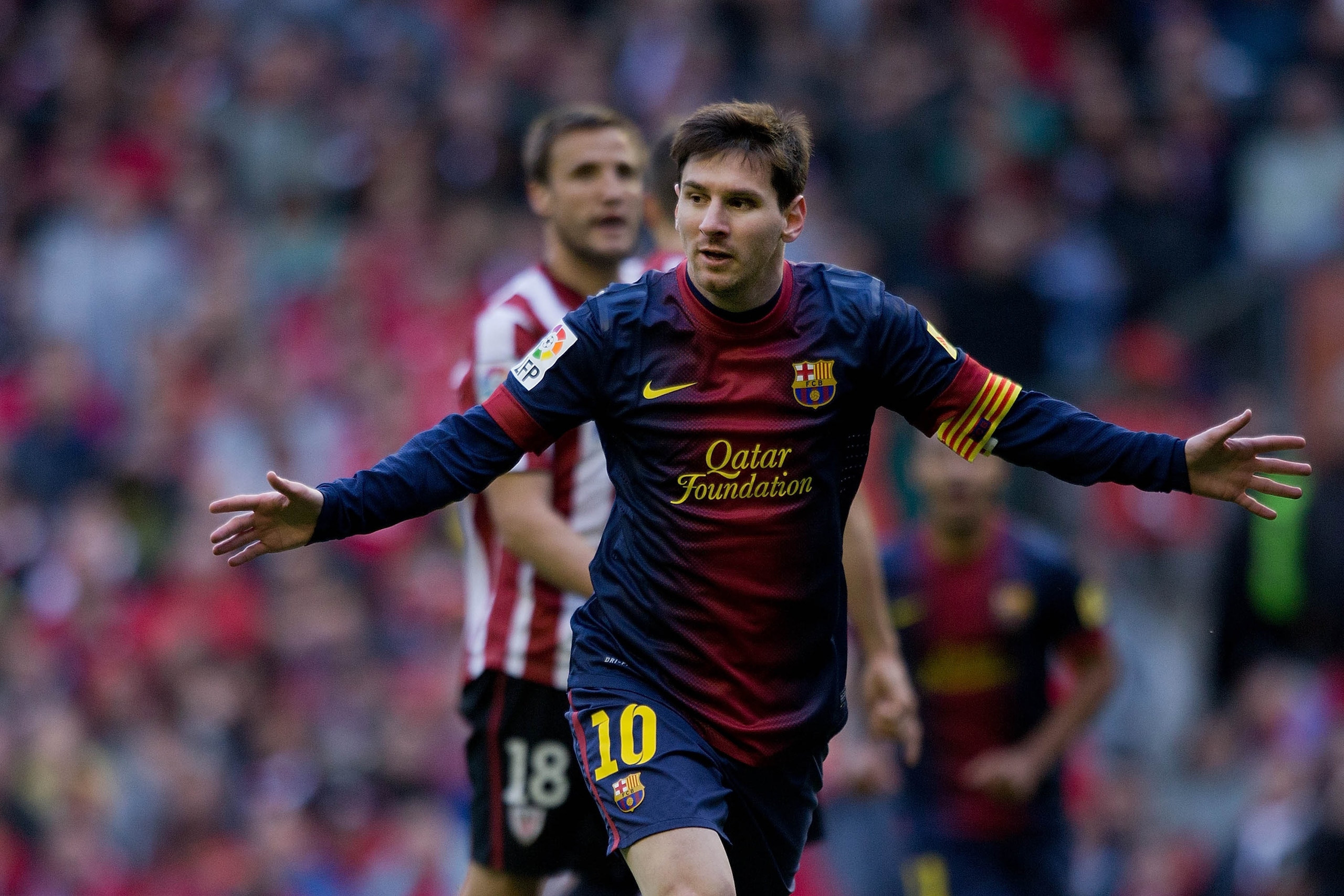 BILBAO, SPAIN - APRIL 27: Lionel Messi of FC Barcelona celebrates scoring their opening goal during the La Liga match between Athletic Club de Bilbaoand FC Barcelona at San Mames Stadium on April 27, 2013 in Bilbao, Spain. (Photo by Gonzalo Arroyo Moren BILBAO, SPAIN - APRIL 27: Lionel Messi of FC Barcelona celebrates scoring their opening goal during the La Liga match between Athletic Club de Bilbaoand FC Barcelona at San Mames Stadium on April 27, 2013 in Bilbao, Spain. (Photo by Gonzalo Arroyo Moren