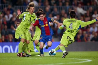 BARCELONA, SPAIN - APRIL 18: Leo Messi of FC Barcelona kicks his first goal during the match against Getafe, of Copa del Rey, on April 18, 2007, played at the Camp Nou stadium in Barcelona, Spain. (Photo by Bagu Blanco/Getty Images).