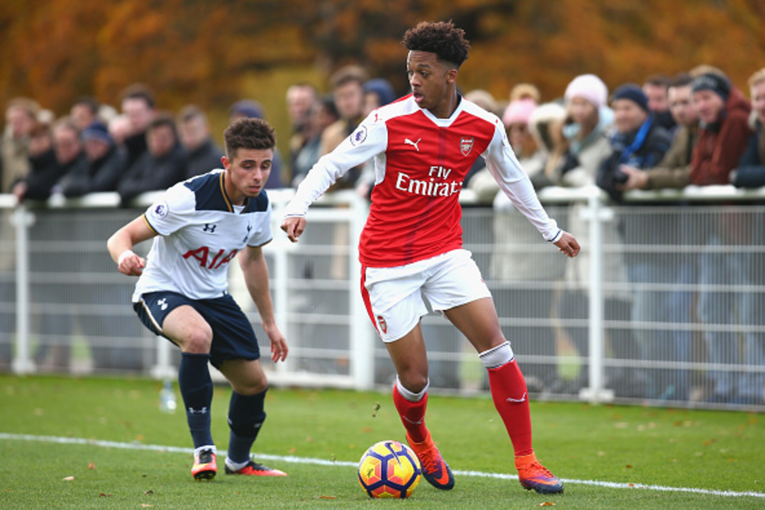 ENFIELD, ENGLAND - NOVEMBER 18:  Anthony Georgiou of Tottenham Hotspur and Chris Willock of Arsenal in action during the Premier League 2 match between Tottenham Hotspur and Arsenal at at Tottenham Hotspur Training Centre on November 18, 2016 in Enfield, 