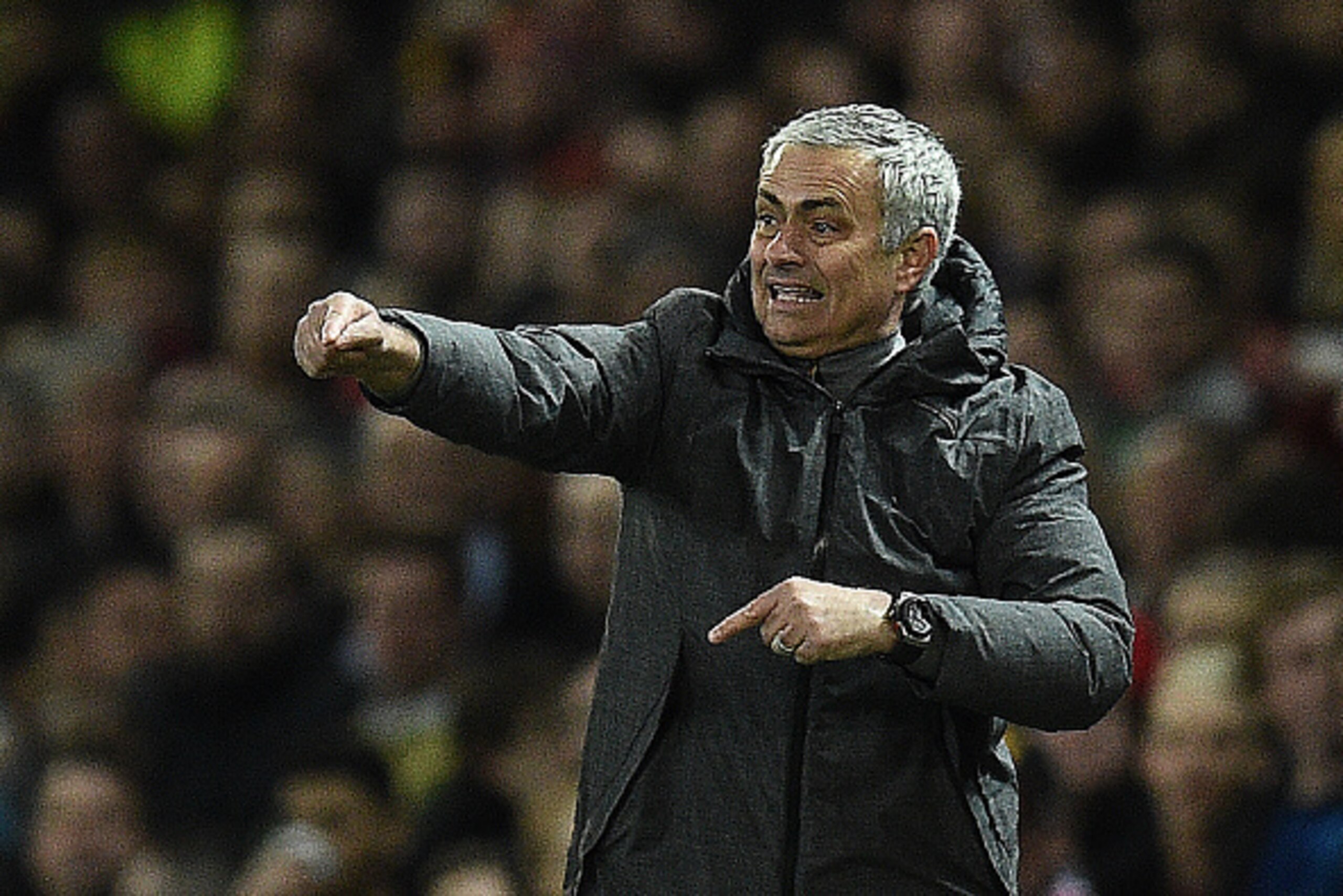 Manchester United's Portuguese manager Jose Mourinho shouts instructions to his players from the touchline during the English Premier League football match between Manchester United and Everton at Old Trafford in Manchester, north west England, on April 4