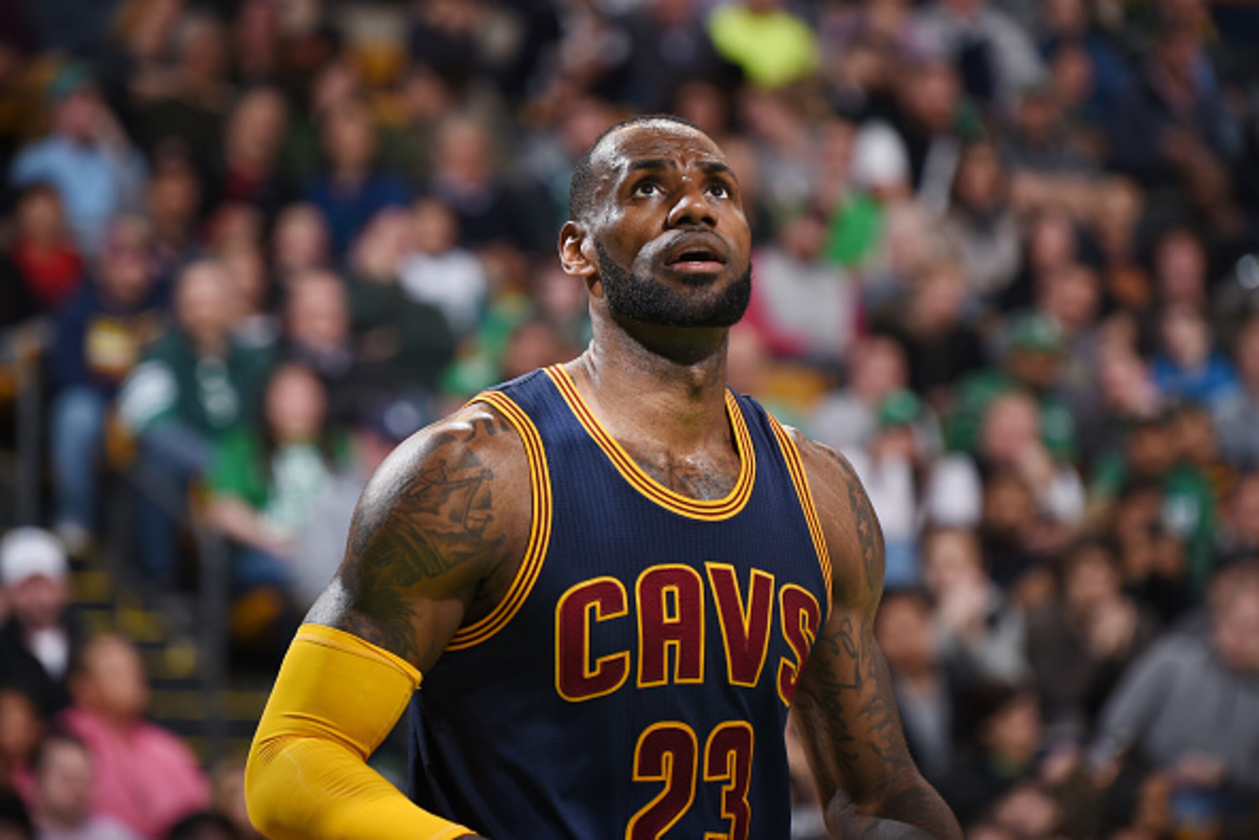 BOSTON, MA - APRIL 5: LeBron James #23 of the Cleveland Cavaliers reacts to a play against the Boston Celtics during the game on April 5, 2017 at the TD Garden in Boston, Massachusetts.  NOTE TO USER: User expressly acknowledges and agrees that, by downlo