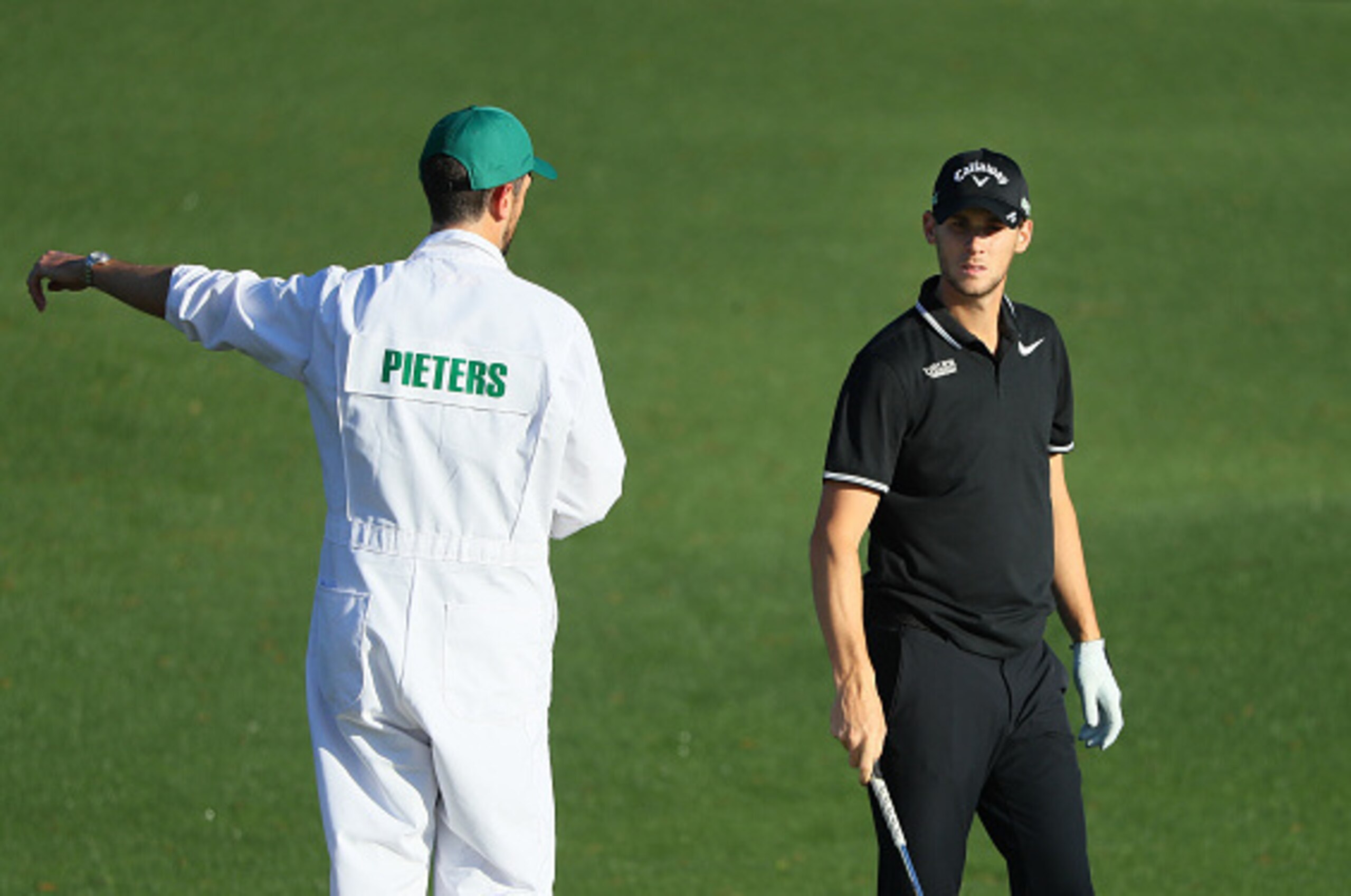 AUGUSTA, GA - APRIL 04:  Thomas Pieters of Belgium talks with his caddie on the second hole during a practice round prior to the start of the 2017 Masters Tournament at Augusta National Golf Club on April 4, 2017 in Augusta, Georgia.  (Photo by Andrew Red