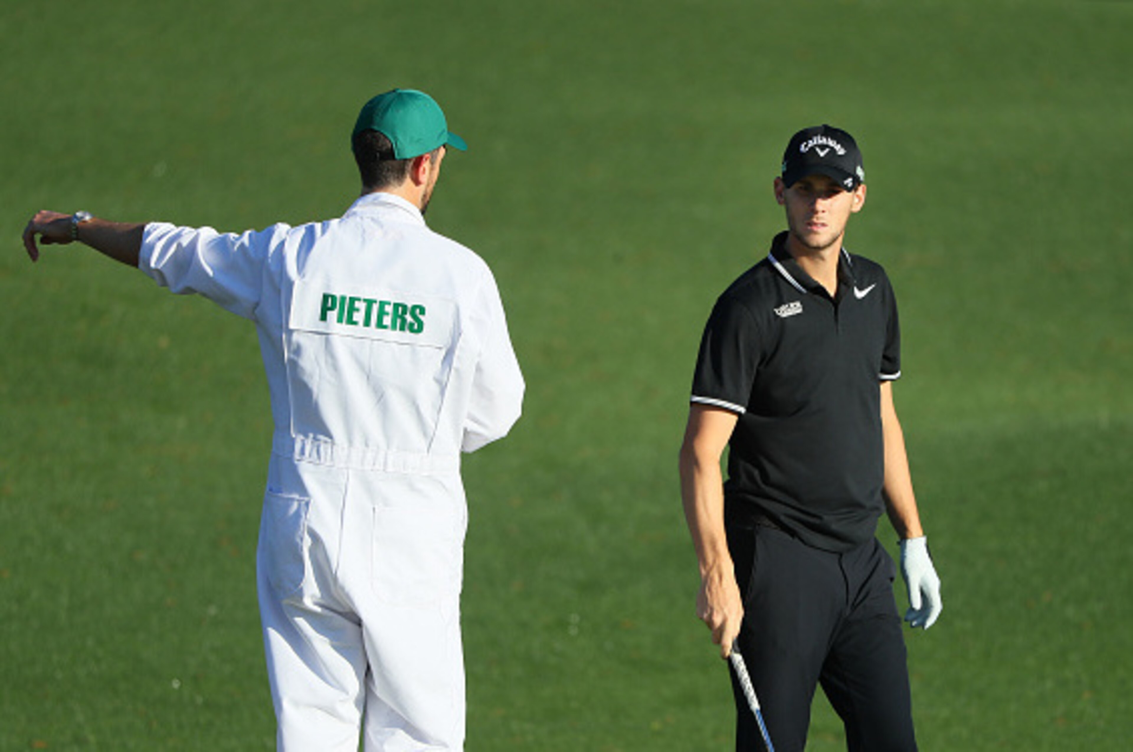 AUGUSTA, GA - APRIL 04:  Thomas Pieters of Belgium talks with his caddie on the second hole during a practice round prior to the start of the 2017 Masters Tournament at Augusta National Golf Club on April 4, 2017 in Augusta, Georgia.  (Photo by Andrew Red