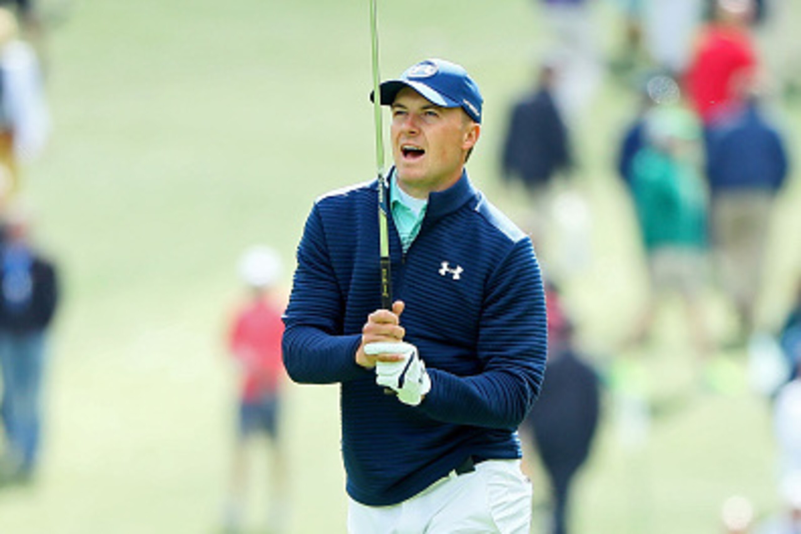 AUGUSTA, GA - APRIL 06:  Jordan Spieth of the United States reacts to his second shot on the first hole during the first round of the 2017 Masters Tournament at Augusta National Golf Club on April 6, 2017 in Augusta, Georgia.  (Photo by Andrew Redington/G