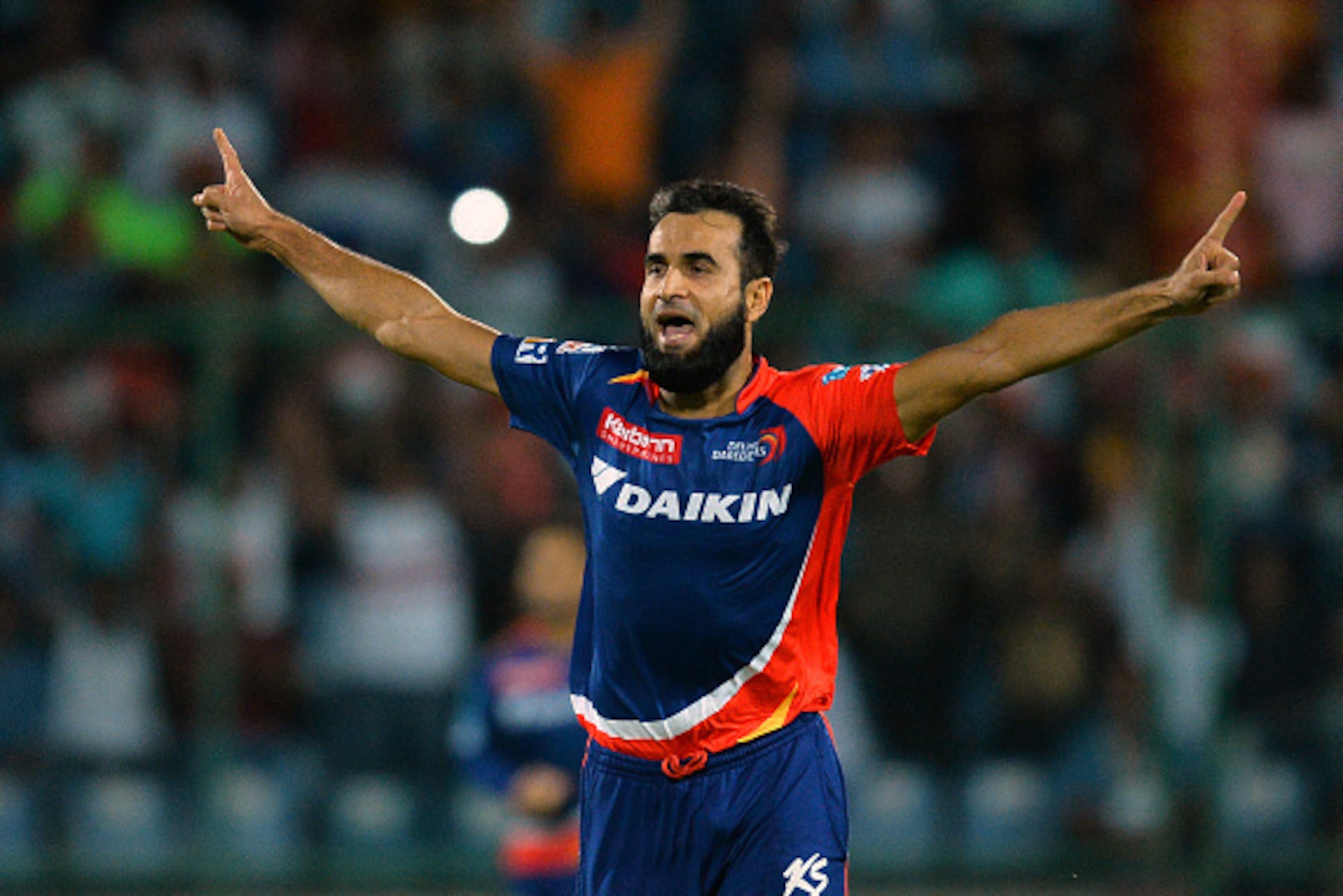 Delhi Daredevils' bowler Imran Tahir celebrates after dismissing Rising Pune Supergiants' batsman Saurabh Tiwaray during the 2016 Indian Premier League (IPL) Twenty20 cricket match between Delhi Daredevils and Rising Pune Supergiants at The Feroz Shah Kot
