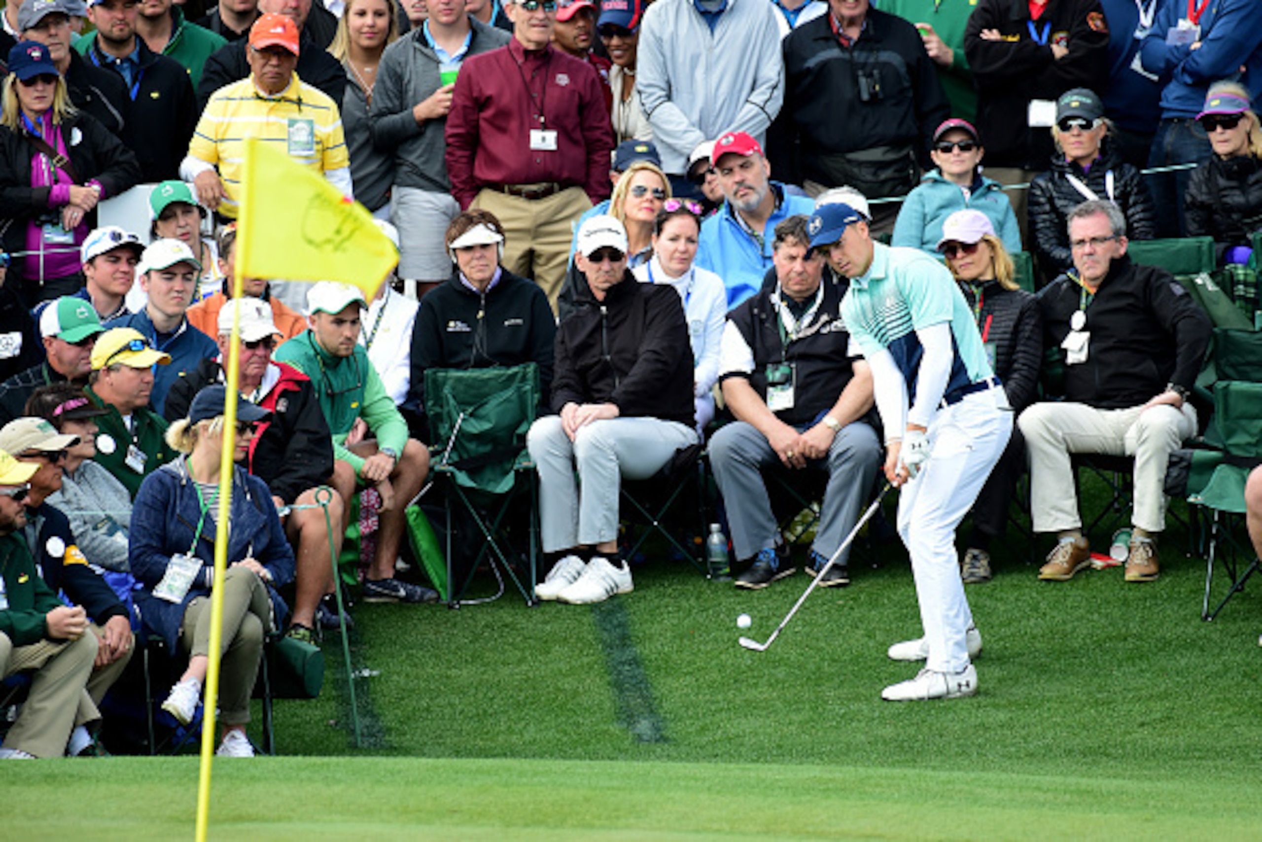AUGUSTA, GA - APRIL 06:  Jordan Spieth of the United States chips onto the 18th green during the first round of the 2017 Masters Tournament at Augusta National Golf Club on April 6, 2017 in Augusta, Georgia.  (Photo by Harry How/Getty Images)