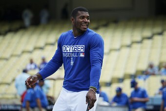 LOS ANGELES, CA - OCTOBER 11:  Yasiel Puig #66 of the Los Angeles Dodgers takes batting practice prior to game four of the National League Division Series against the Washington Nationals at Dodger Stadium on October 11, 2016 in Los Angeles, California.  