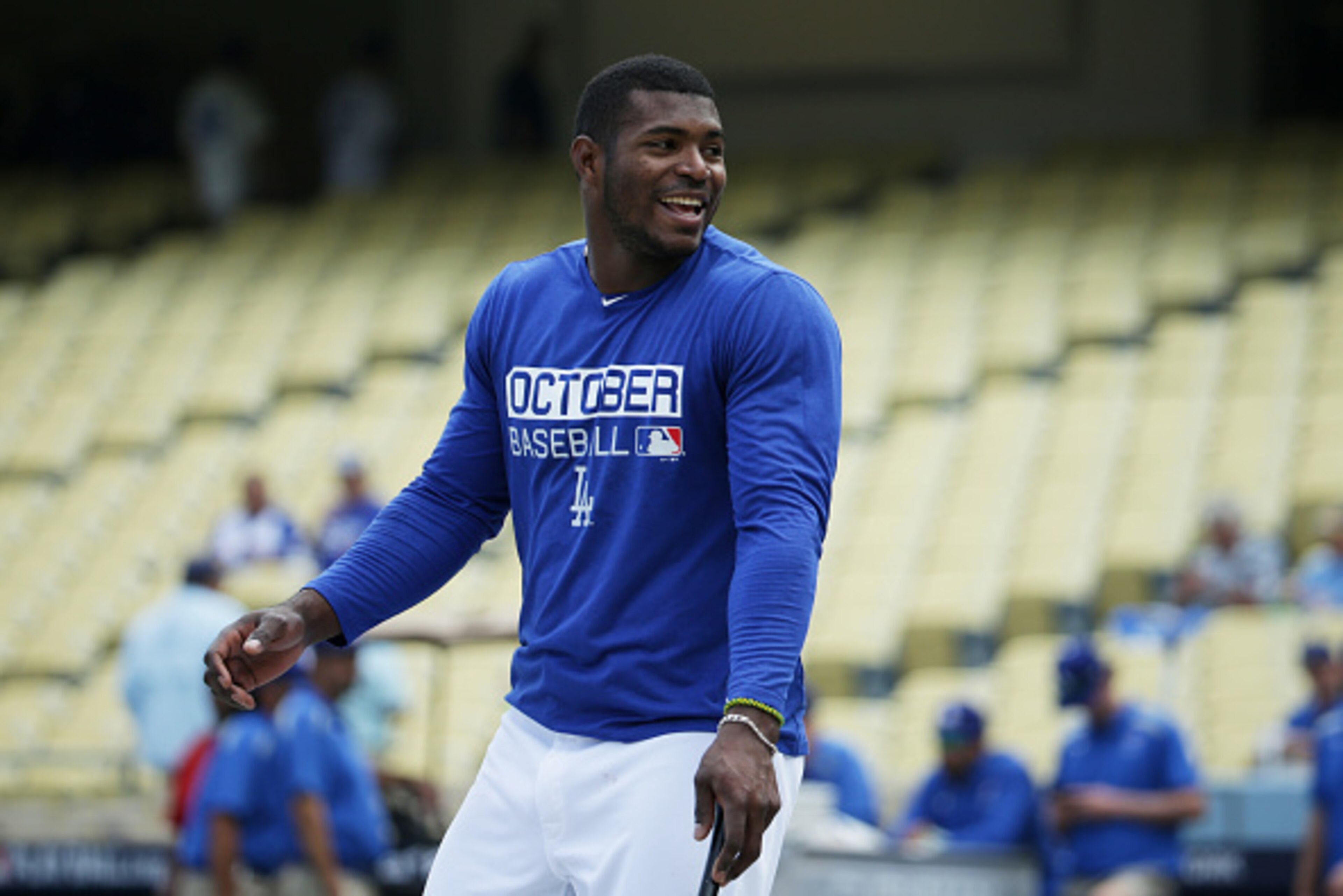 LOS ANGELES, CA - OCTOBER 11:  Yasiel Puig #66 of the Los Angeles Dodgers takes batting practice prior to game four of the National League Division Series against the Washington Nationals at Dodger Stadium on October 11, 2016 in Los Angeles, California.  