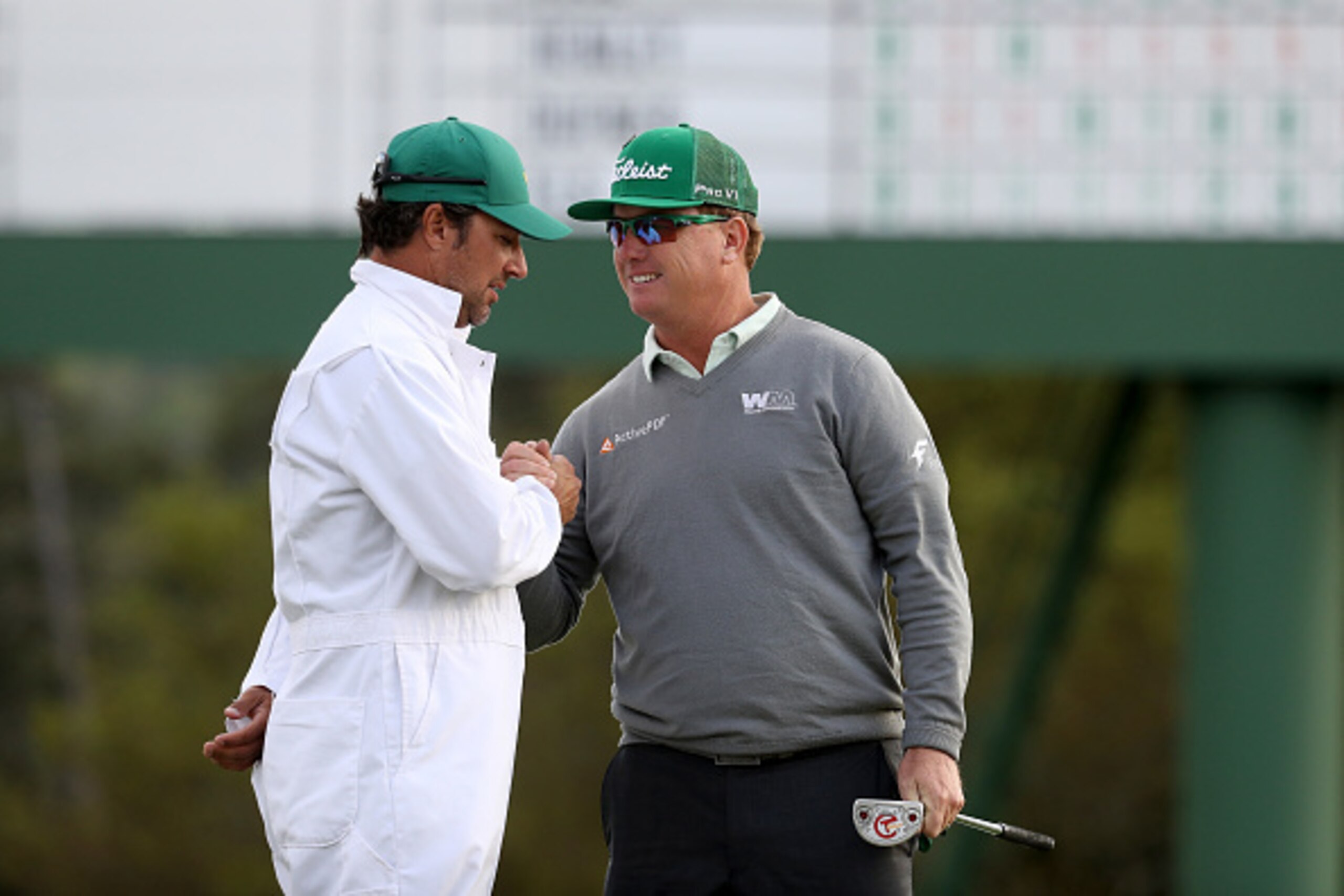 AUGUSTA, GA - APRIL 06:  Charley Hoffman of the United States and caddie Brett Waldman react on the 18th hole during the first round of the 2017 Masters Tournament at Augusta National Golf Club on April 6, 2017 in Augusta, Georgia.  (Photo by Rob Carr/Get