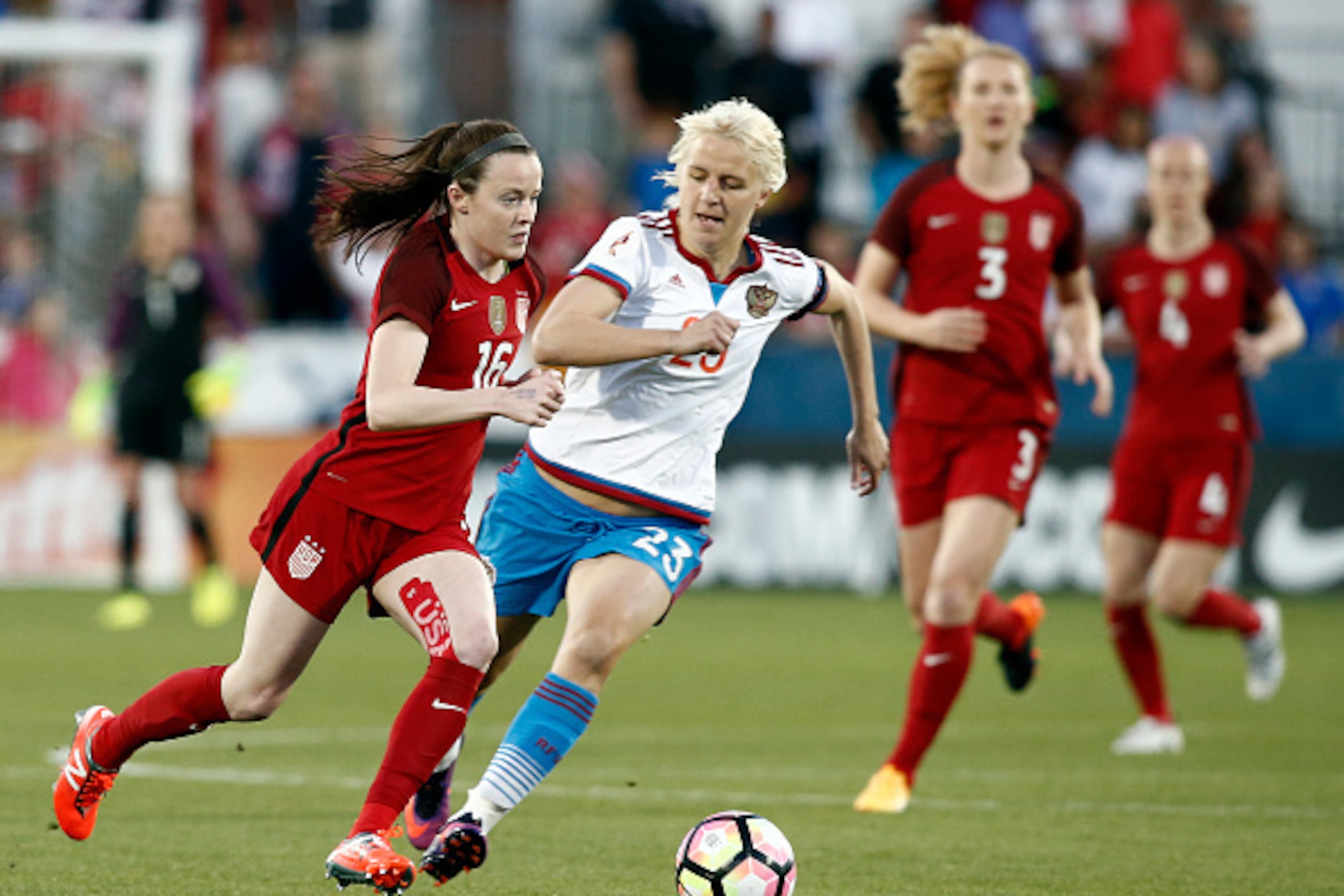 FRISCO, TX - APRIL 06: Rose Lavelle #16 of the U.S. advances the ball on Elena Morozova #23 of Russia during the first half of the International Friendly soccer match at Toyota Stadium on April 6, 2017 in Frisco, Texas. (Photo by Mike Stone/Getty Images) FRISCO, TX - APRIL 06: Rose Lavelle #16 of the U.S. advances the ball on Elena Morozova #23 of Russia during the first half of the International Friendly soccer match at Toyota Stadium on April 6, 2017 in Frisco, Texas. (Photo by Mike Stone/Getty Images)