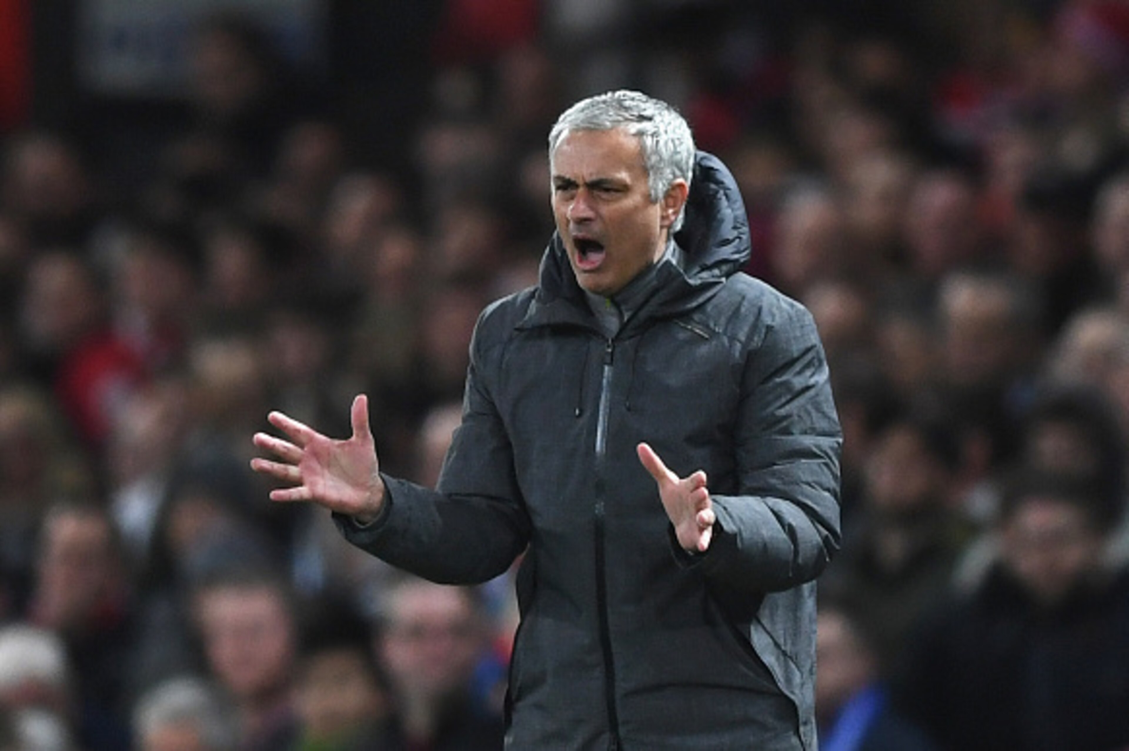 MANCHESTER, ENGLAND - APRIL 04: Jose Mourinho, Manager of Manchester United reacts during the Premier League match between Manchester United and Everton at Old Trafford on April 4, 2017 in Manchester, England.  (Photo by Shaun Botterill/Getty Images)