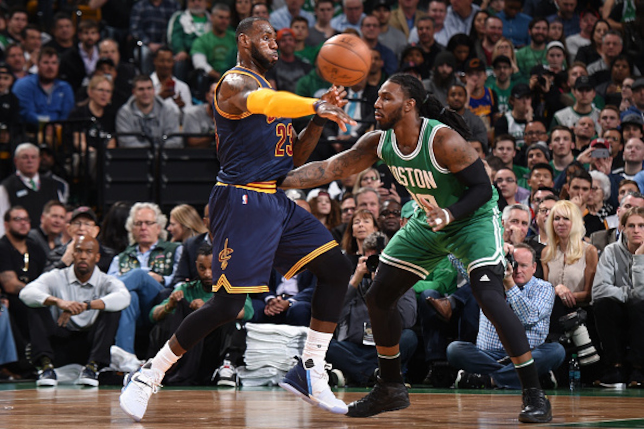 BOSTON, MA - APRIL 5: LeBron James #23 of the Cleveland Cavaliers passes the ball against the Boston Celtics during the game on April 5, 2017 at the TD Garden in Boston, Massachusetts.  NOTE TO USER: User expressly acknowledges and agrees that, by downloa