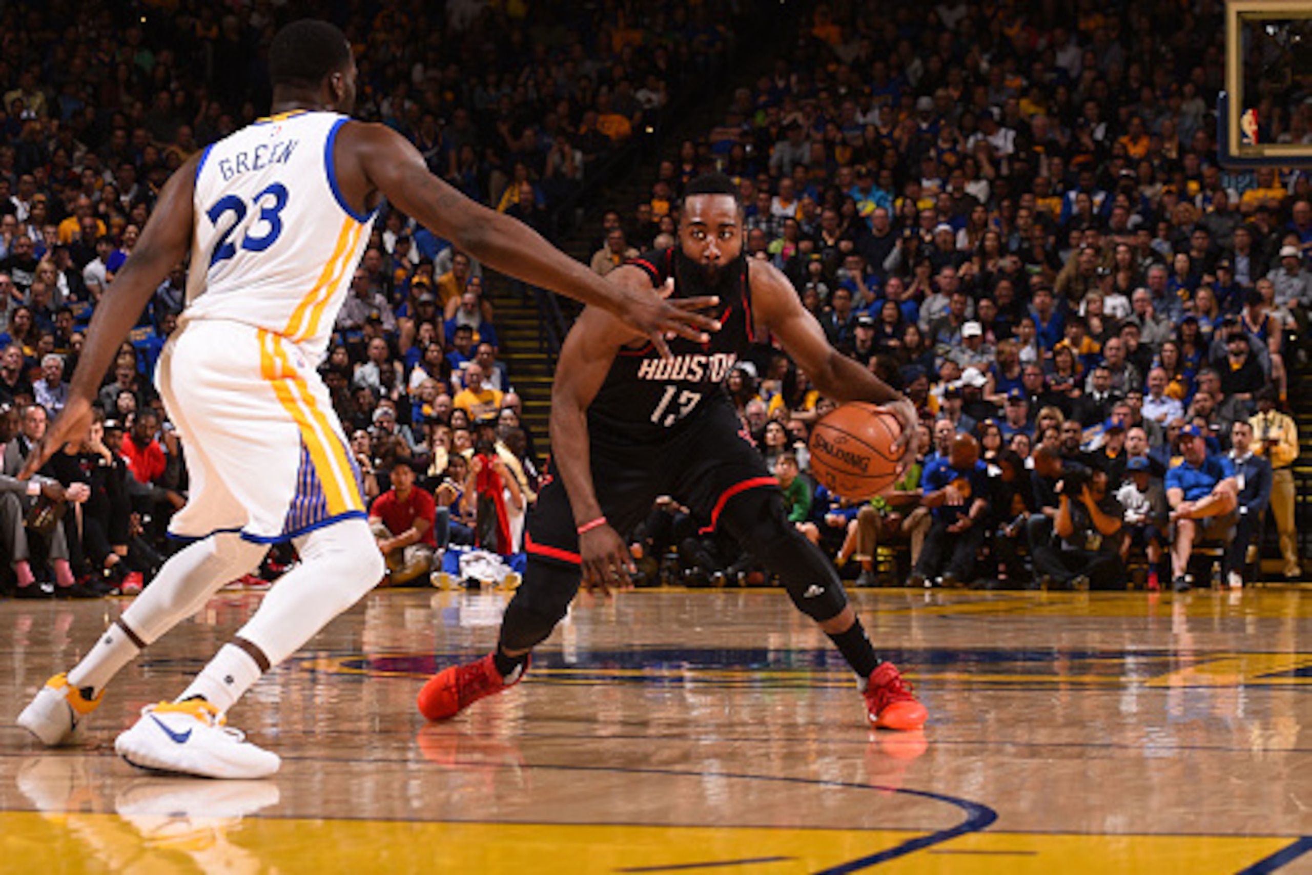 OAKLAND, CA - MARCH 31:  James Harden #13 of the Houston Rockets handles the ball during a game against the Golden State Warriors on March 31, 2017 at ORACLE Arena in Oakland, California. NOTE TO USER: User expressly acknowledges and agrees that, by downl