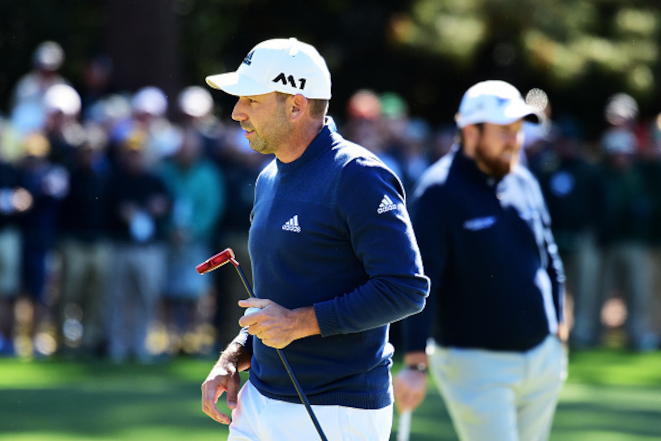 AUGUSTA, GA - APRIL 07: Sergio Garcia of Spain and Shane Lowry of Ireland stand on the first green during the second round of the 2017 Masters Tournament at Augusta National Golf Club on April 7, 2017 in Augusta, Georgia.  (Photo by Harry How/Getty Images