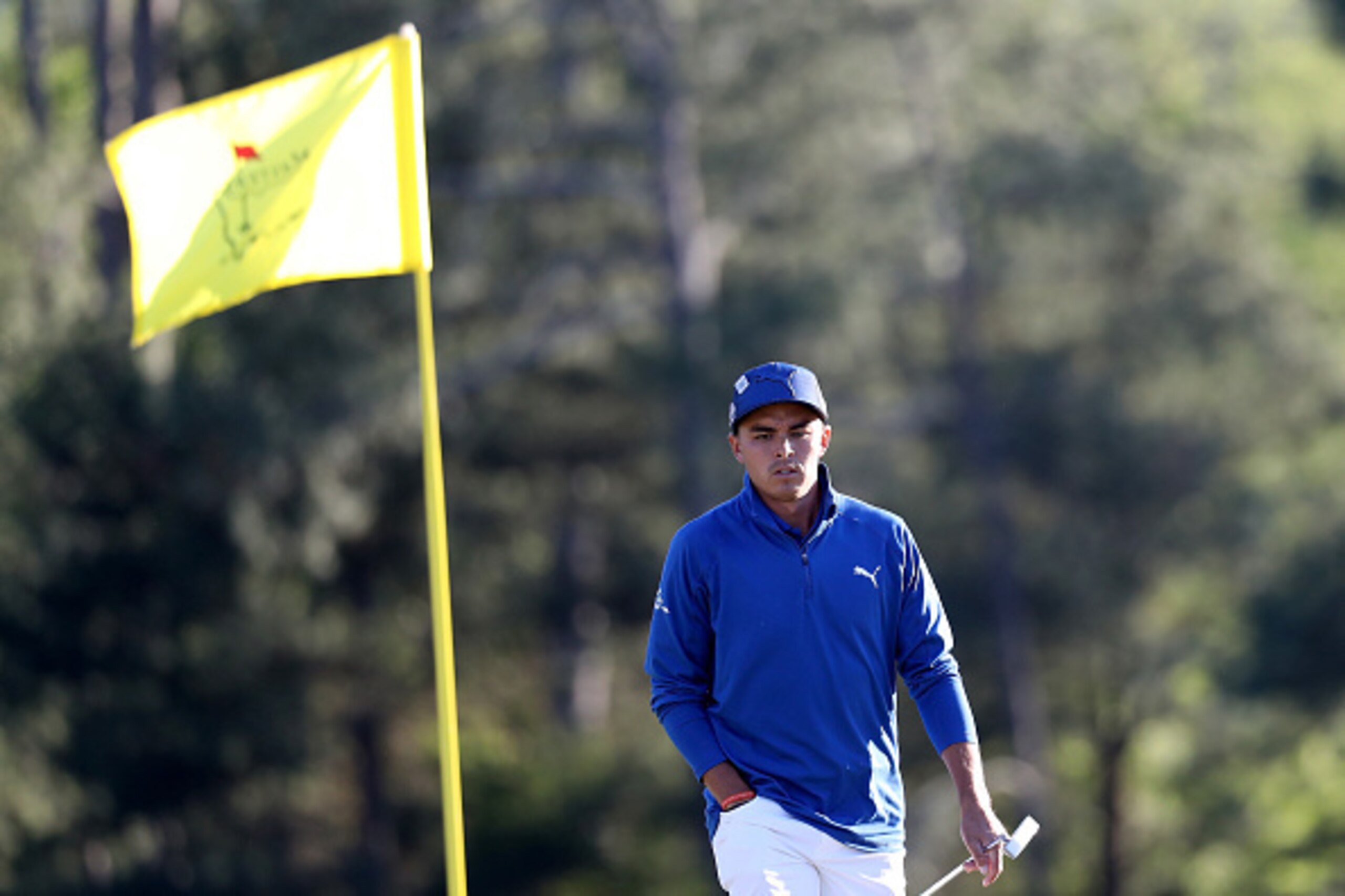 AUGUSTA, GA - APRIL 07:  Rickie Fowler of the United States reacts on the 18th green during the second round of the 2017 Masters Tournament at Augusta National Golf Club on April 7, 2017 in Augusta, Georgia.  (Photo by Rob Carr/Getty Images)
