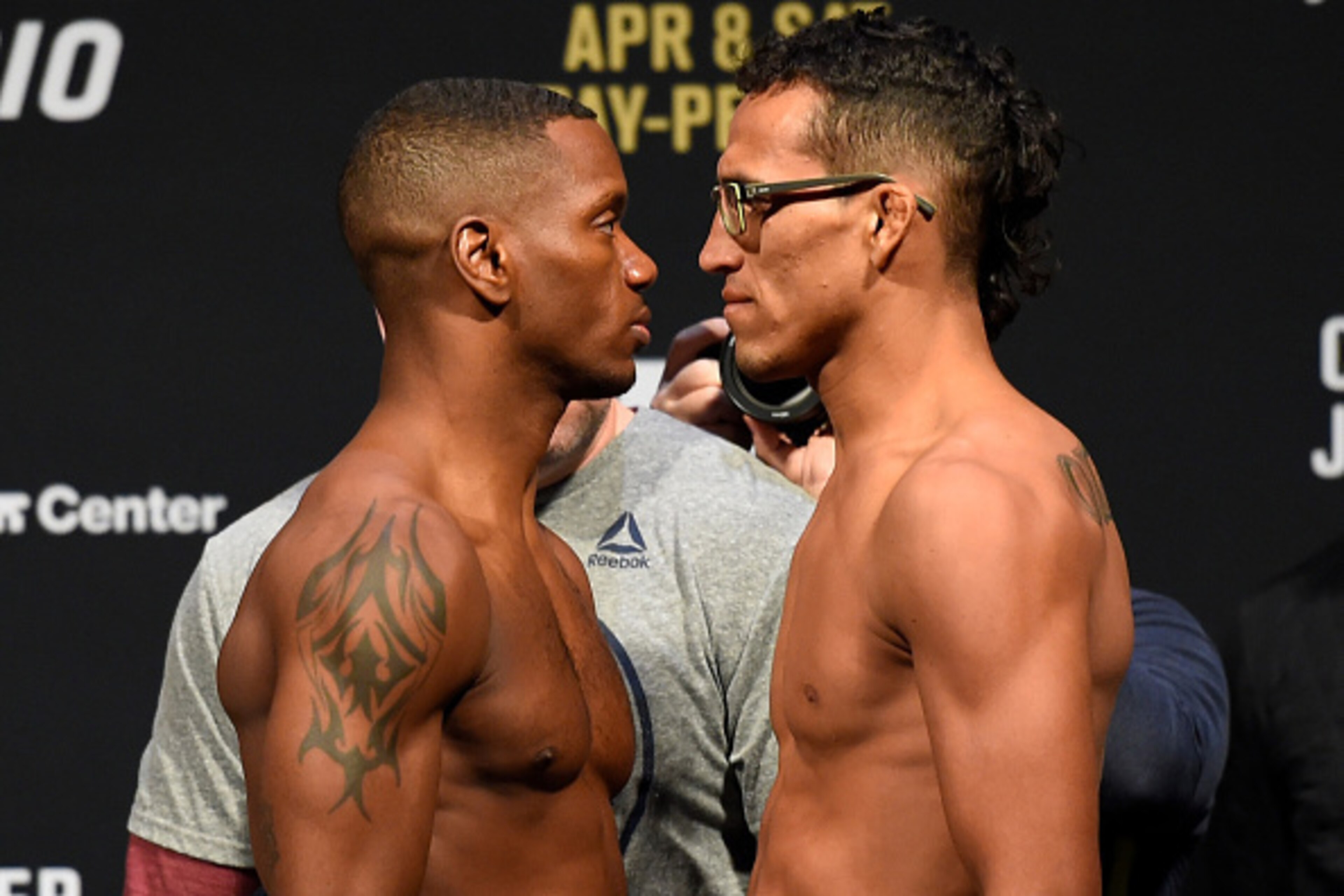 BUFFALO, NY - APRIL 07:  (L-R) Opponents Will Brooks and Charles Oliveira of Brazil face off during the UFC 210 weigh-in at the KeyBank Center on April 7, 2017 in Buffalo, New York. (Photo by Josh Hedges/Zuffa LLC/Zuffa LLC via Getty Images)