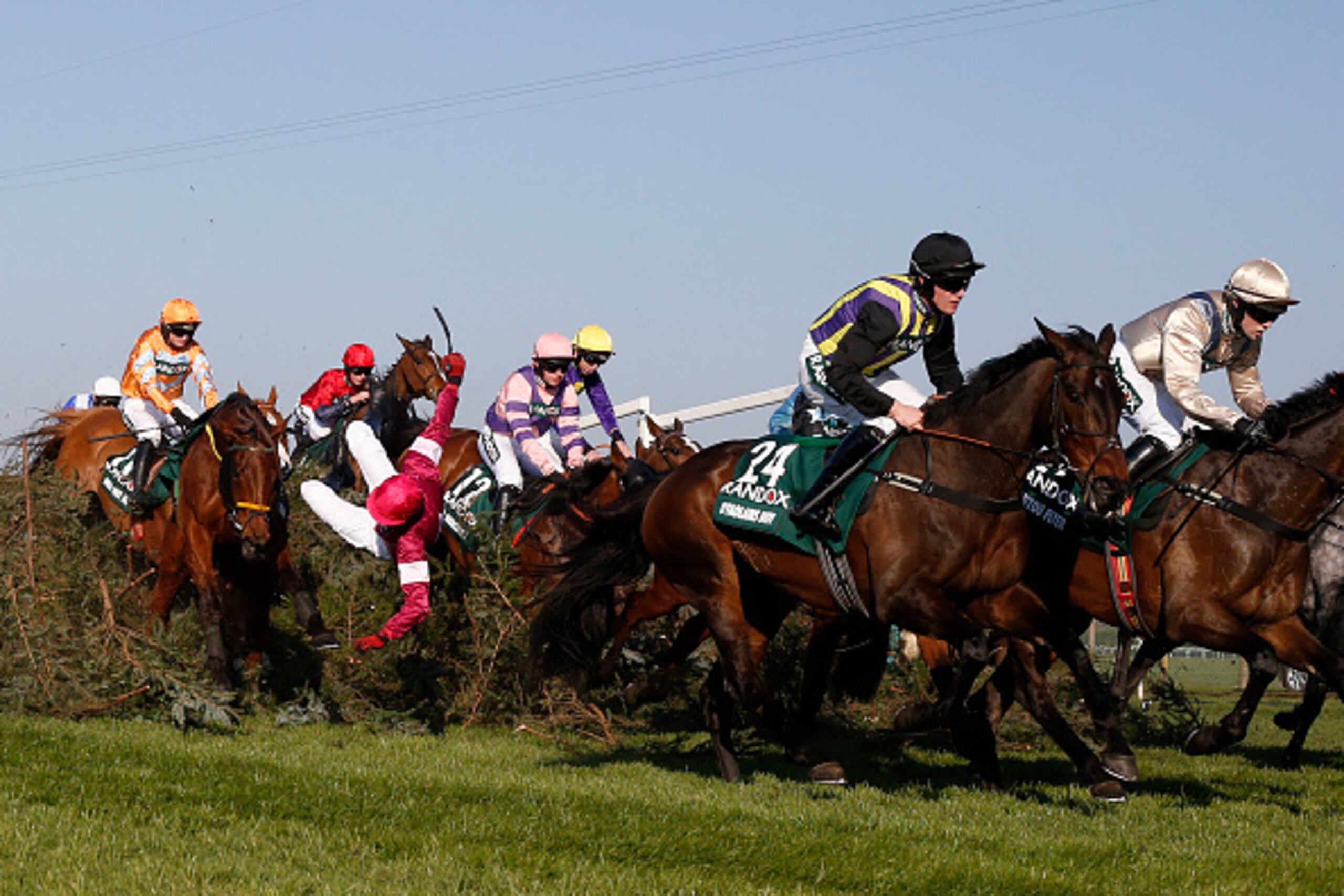LIVERPOOL, ENGLAND - APRIL 08:  Donagh Meyler riding Measureofmydreams falls at 'The Chair' during The Randox Health Grand National at Aintree Racecourse on April 8, 2017 in Liverpool, England. (Photo by Alan Crowhurst/Getty Images)