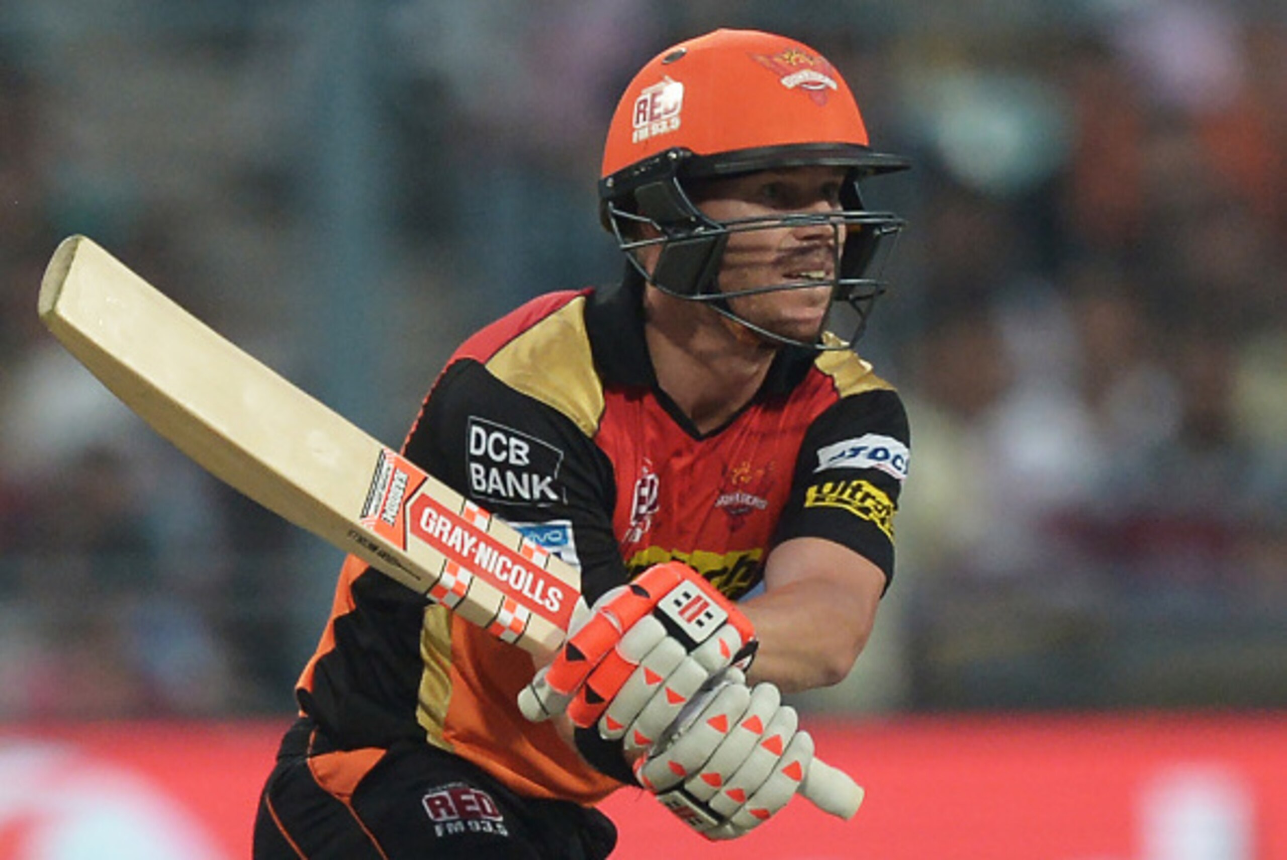 Sunrisers Hyderabad captain David Warner plays a shot during the 2016 Indian Premier League (IPL) Twenty20 cricket match between Kolkata Knight Riders and Sunrisers Hyderabad at The Eden Gardens Cricket Stadium in Kolkata on May 22, 2016.. ----IMAGE RESTR