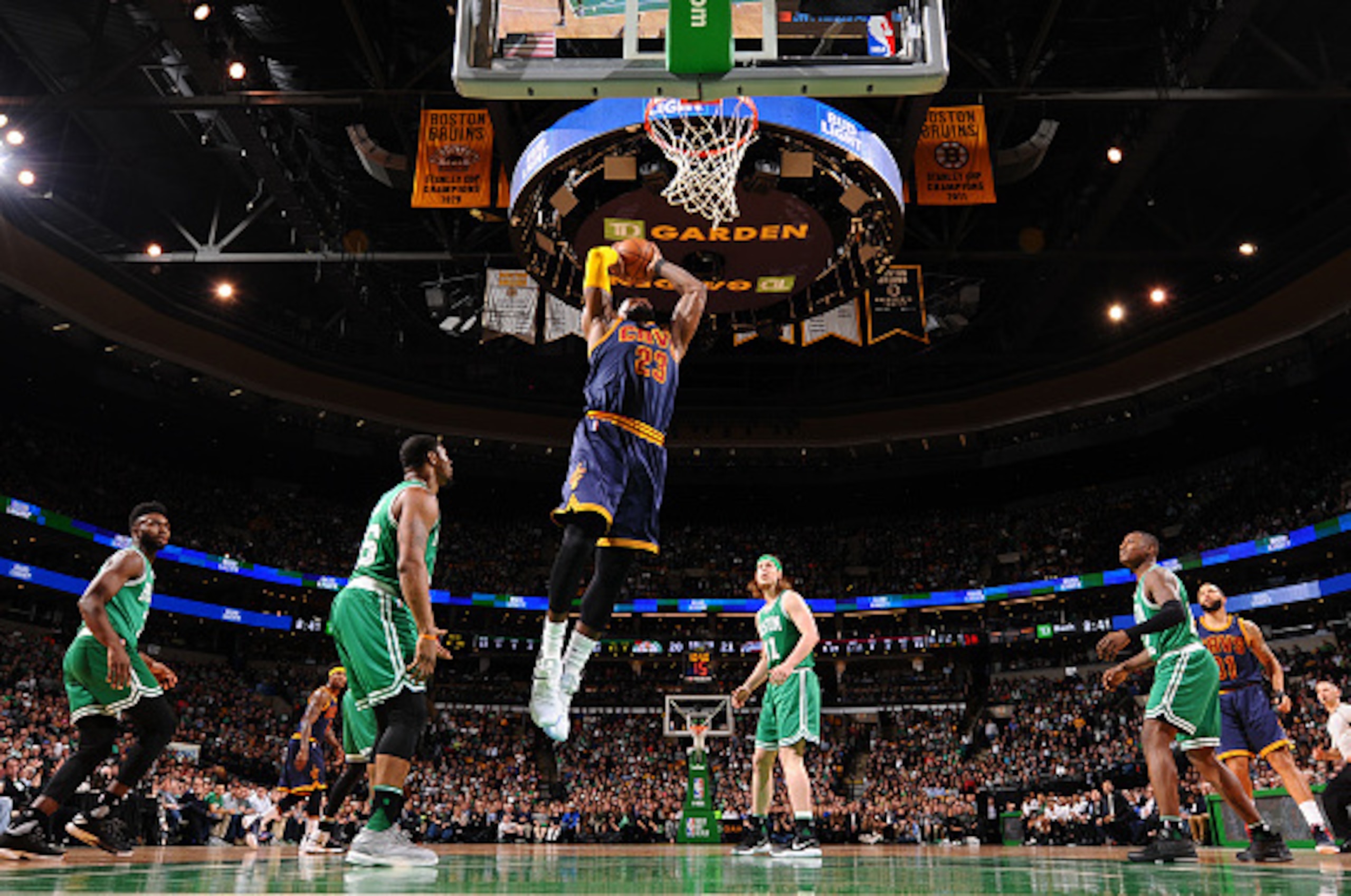 BOSTON, MA - APRIL 5: LeBron James #23 of the Cleveland Cavaliers shoots the ball against the Boston Celtics during the game on April 5, 2017 at the TD Garden in Boston, Massachusetts.  NOTE TO USER: User expressly acknowledges and agrees that, by downloa