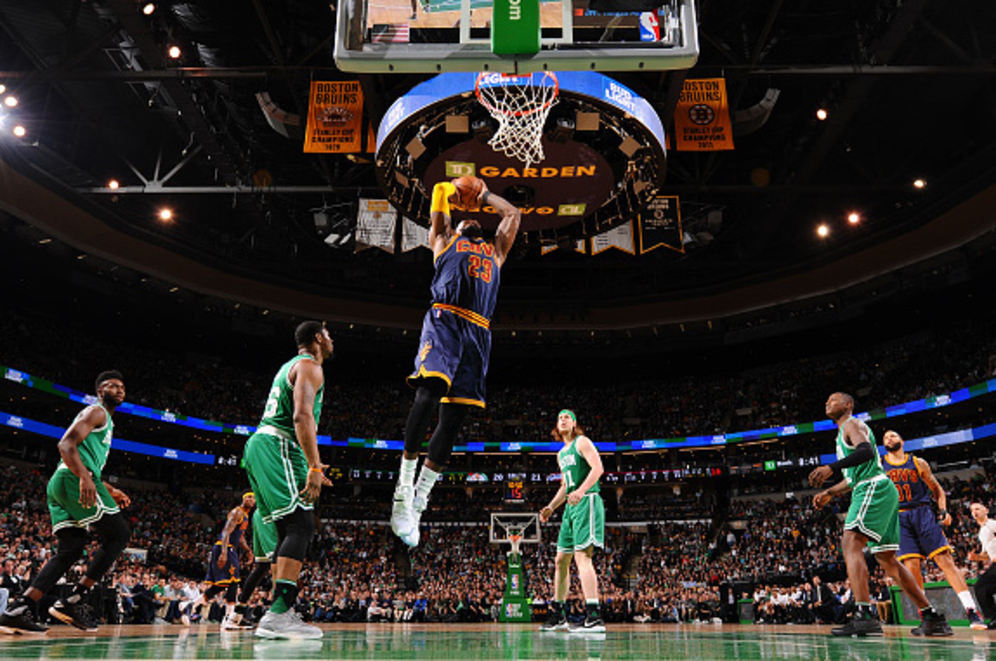 BOSTON, MA - APRIL 5: LeBron James #23 of the Cleveland Cavaliers shoots the ball against the Boston Celtics during the game on April 5, 2017 at the TD Garden in Boston, Massachusetts.  NOTE TO USER: User expressly acknowledges and agrees that, by downloa
