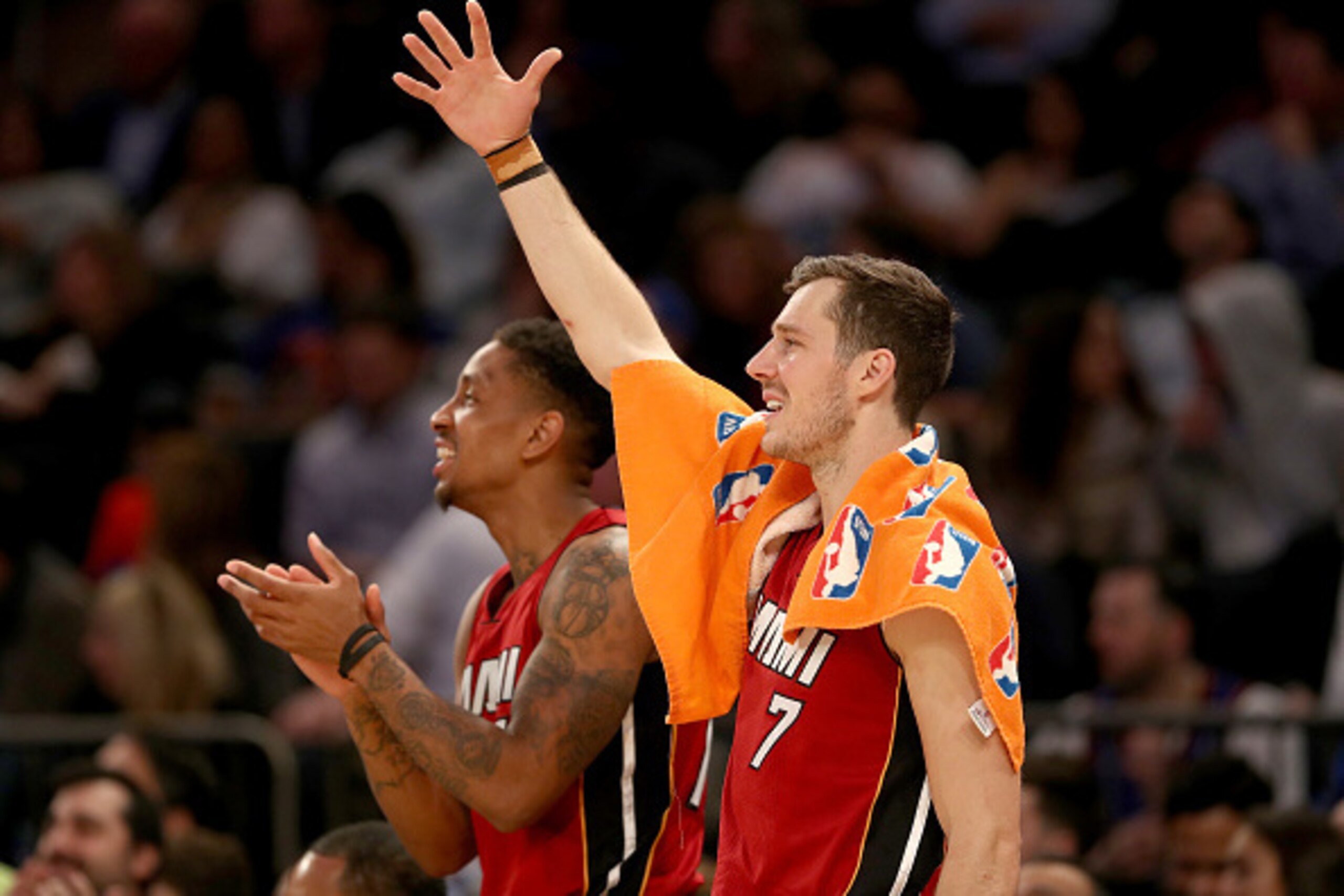 NEW YORK, NY - MARCH 29:  Josh Richardson #0 and Goran Dragic #7 of the Miami Heat celebrate in the fourth quarter against the New York Knicks at Madison Square Garden on March 29, 2017 in New York City. NOTE TO USER: User expressly acknowledges and agree