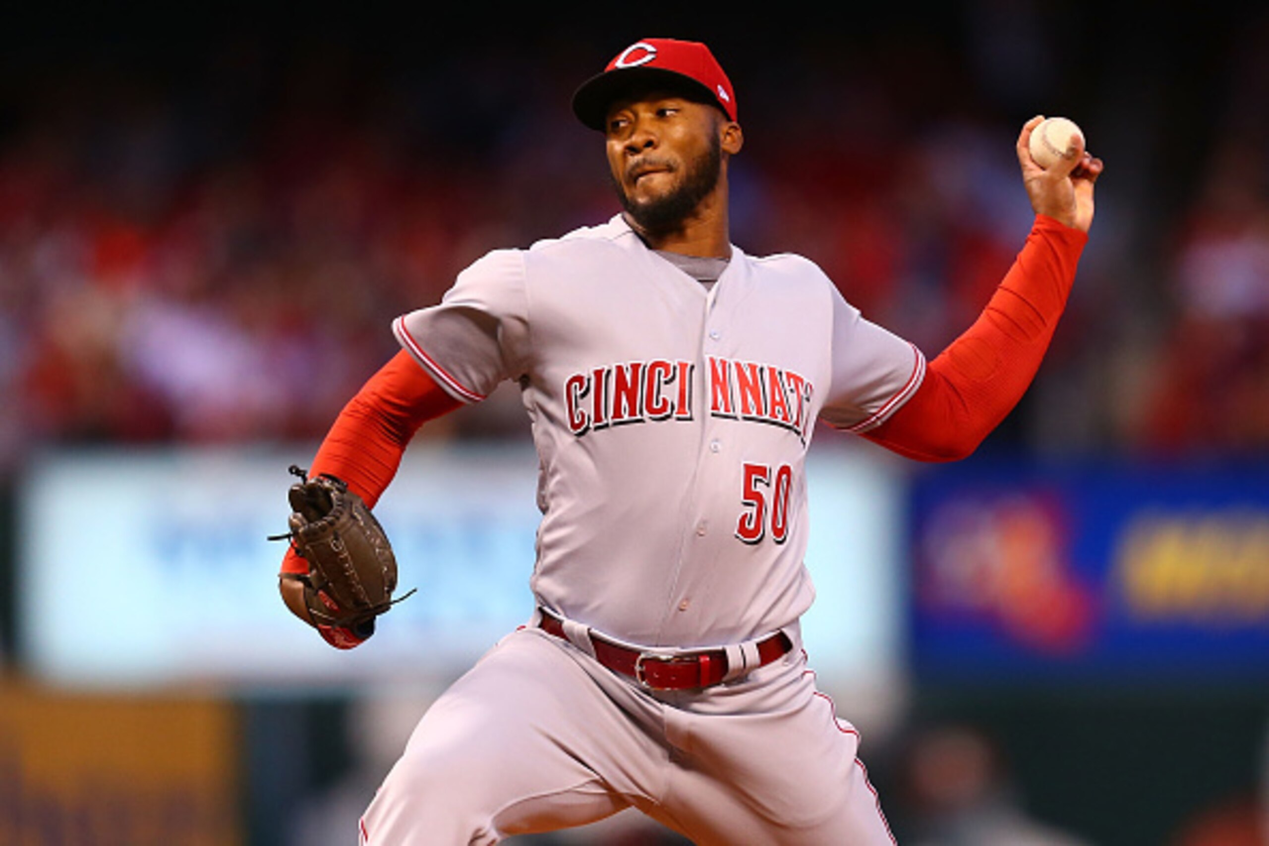ST. LOUIS, MO - APRIL 7:  Starter Amir Garrett #50 of the Cincinnati Reds pitches against the St. Louis Cardinals in the first inning at Busch Stadium on April 7, 2017 in St. Louis, Missouri.  (Photo by Dilip Vishwanat/Getty Images)