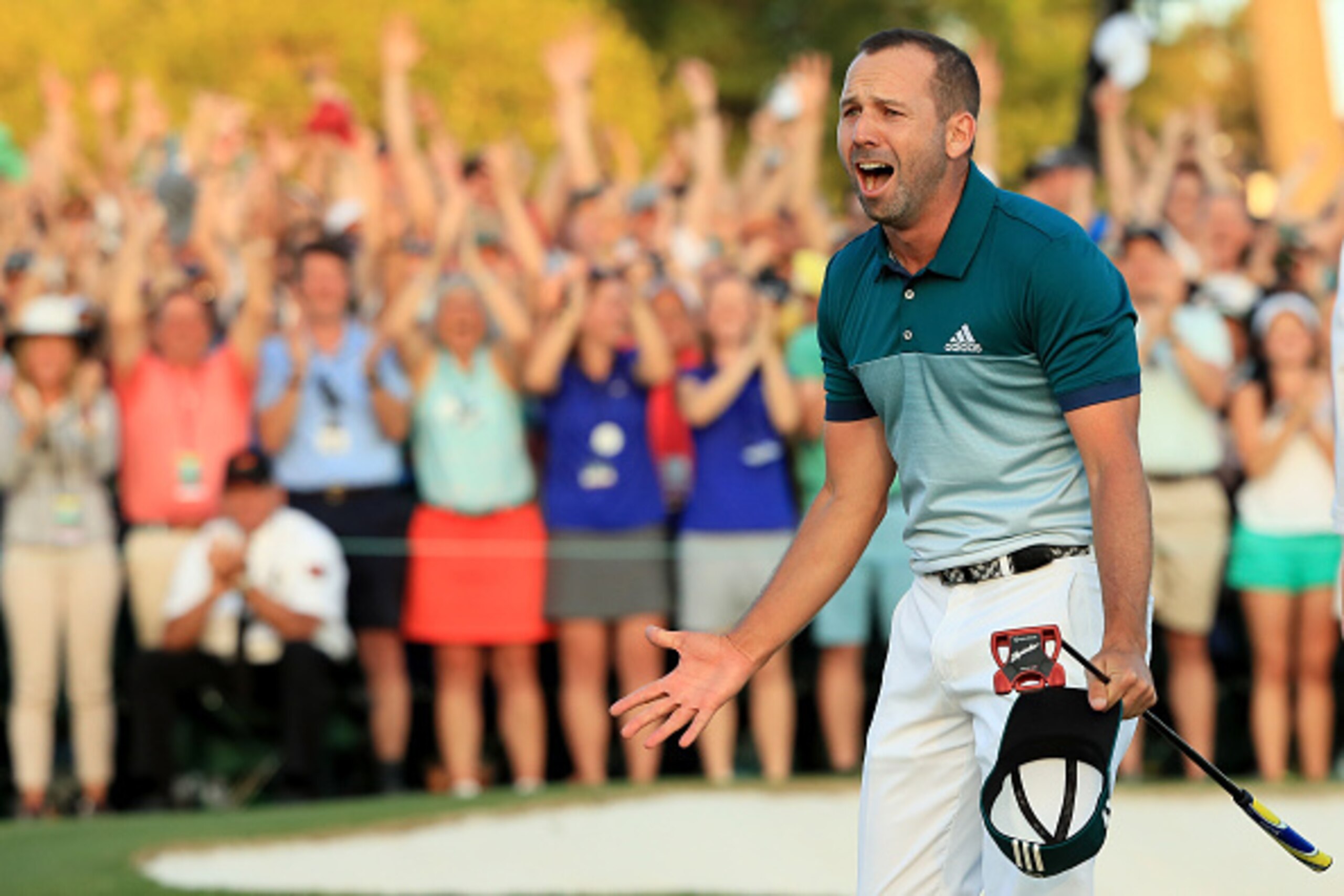 AUGUSTA, GA - APRIL 09:  Sergio Garcia of Spain celebrates after defeating Justin Rose (not pictured) of England on the first playoff hole during the final round of the 2017 Masters Tournament at Augusta National Golf Club on April 9, 2017 in Augusta, Geo