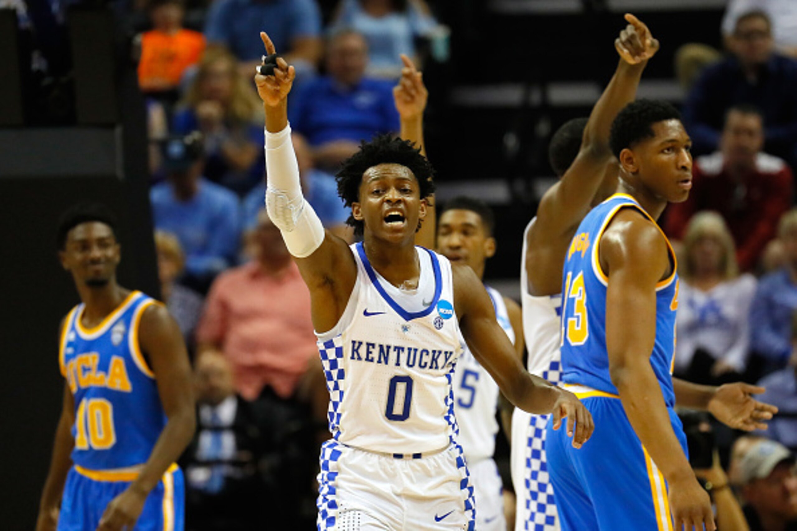 MEMPHIS, TN - MARCH 24:  De'Aaron Fox #0 of the Kentucky Wildcats reacts in the first half against the UCLA Bruins during the 2017 NCAA Men's Basketball Tournament South Regional at FedExForum on March 24, 2017 in Memphis, Tennessee.  (Photo by Kevin C. C