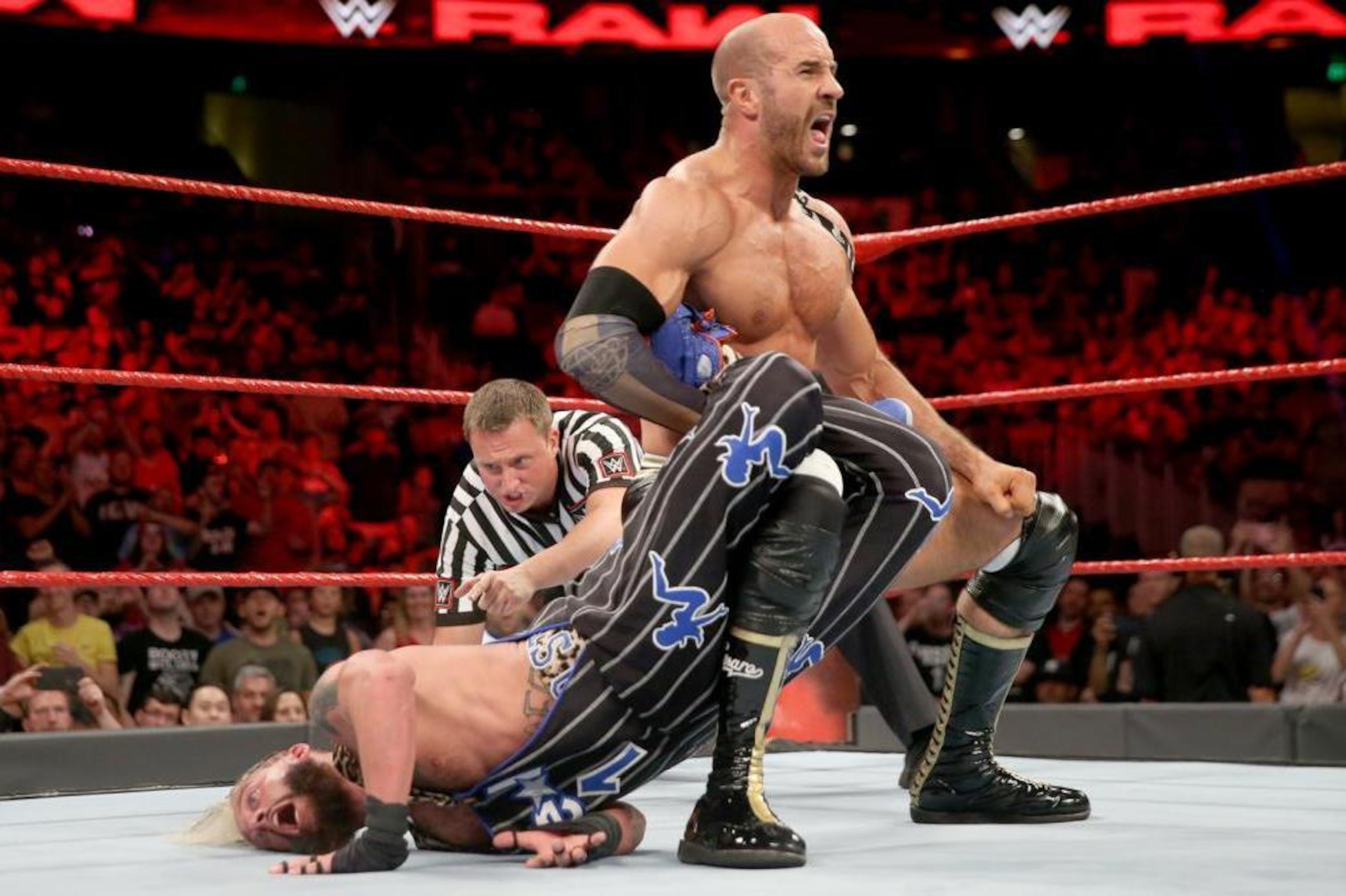 Cesaro punishes Enzo Amore with a Sharpshooter on the post-WrestleMania Raw.