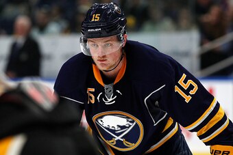 BUFFALO, NY - MARCH 21: Jack Eichel #15 of the Buffalo Sabres waits for a face off against the Pittsburgh Penguins during the second period at the KeyBank Center on March 21, 2017 in Buffalo, New York. (Photo by Kevin Hoffman/Getty Images)