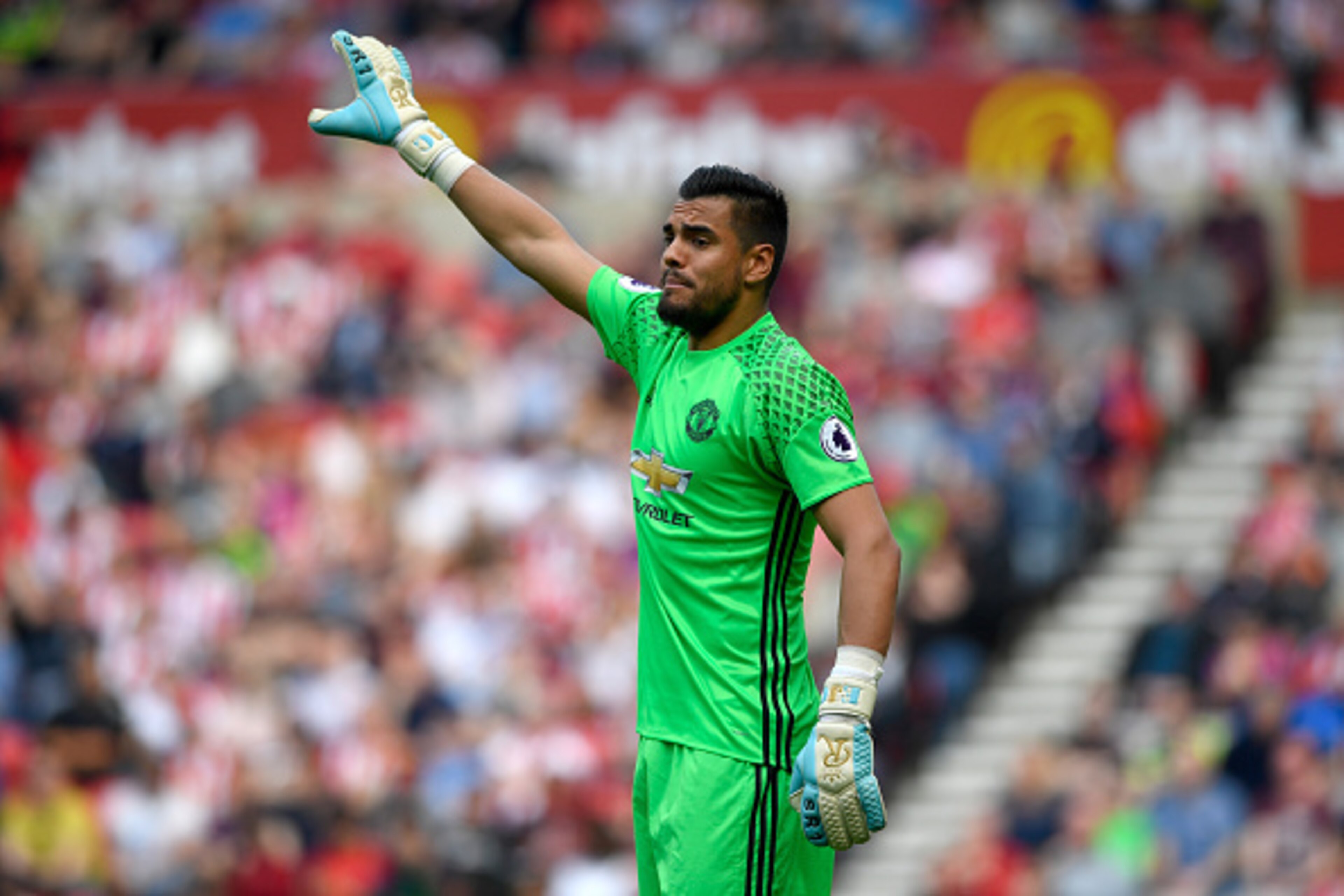 SUNDERLAND, ENGLAND - APRIL 09:  Manchester United goalkeeper Sergio Romero reacts during the Premier League match between Sunderland and Manchester United at Stadium of Light on April 9, 2017 in Sunderland, England.  (Photo by Stu Forster/Getty Images)