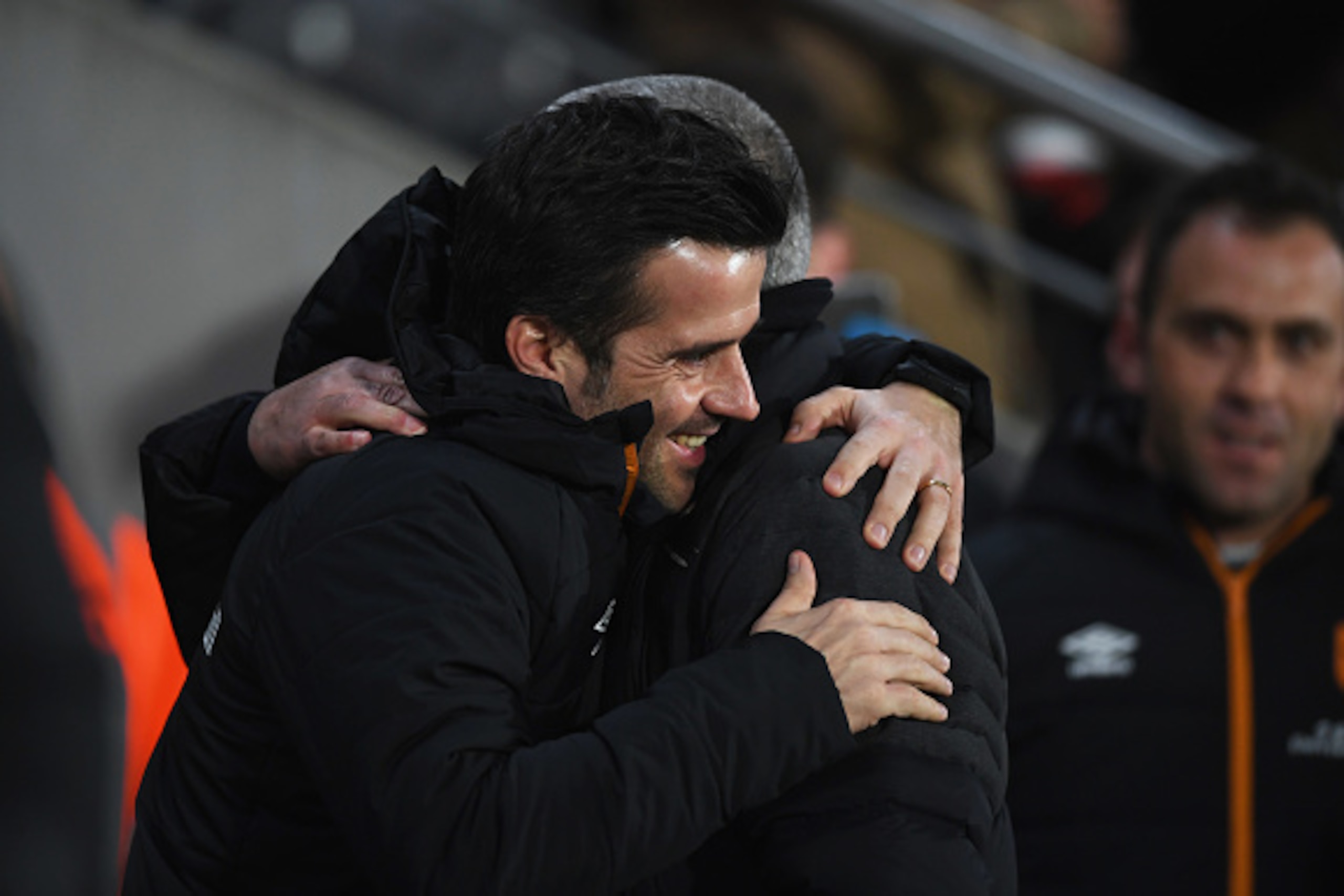 HULL, ENGLAND - JANUARY 26:  Marco Silva manager of Hull City and Jose Mourinho manager of Manchester United embrace the EFL Cup Semi-Final second leg match between Hull City and Manchester United at KCOM Stadium on January 26, 2017 in Hull, England.  (Ph