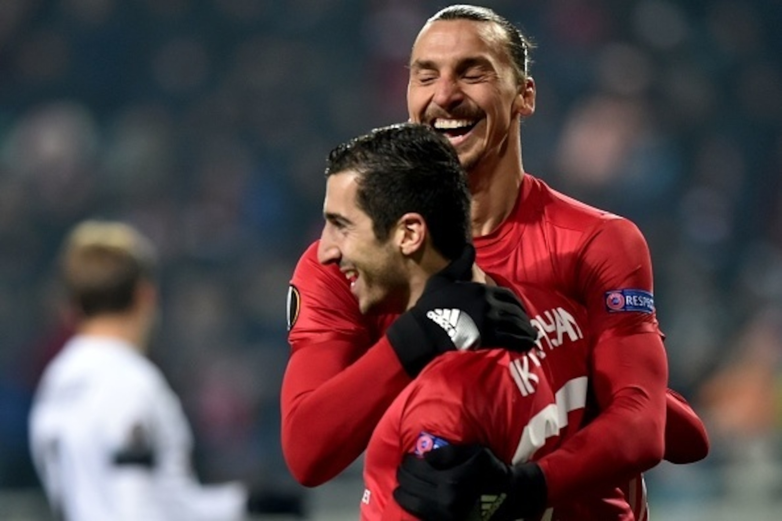 Manchester United's Armenian midfielder Henrikh Mkhitaryan (L) celebrates after scoring a goal, with teammate Swedish forward Zlatan Ibrahimovic during the UEFA Europa League football match between FC Zorya Luhansk and Manchester United FC at the Chornomo Manchester United's Armenian midfielder Henrikh Mkhitaryan (L) celebrates after scoring a goal, with teammate Swedish forward Zlatan Ibrahimovic during the UEFA Europa League football match between FC Zorya Luhansk and Manchester United FC at the Chornomo