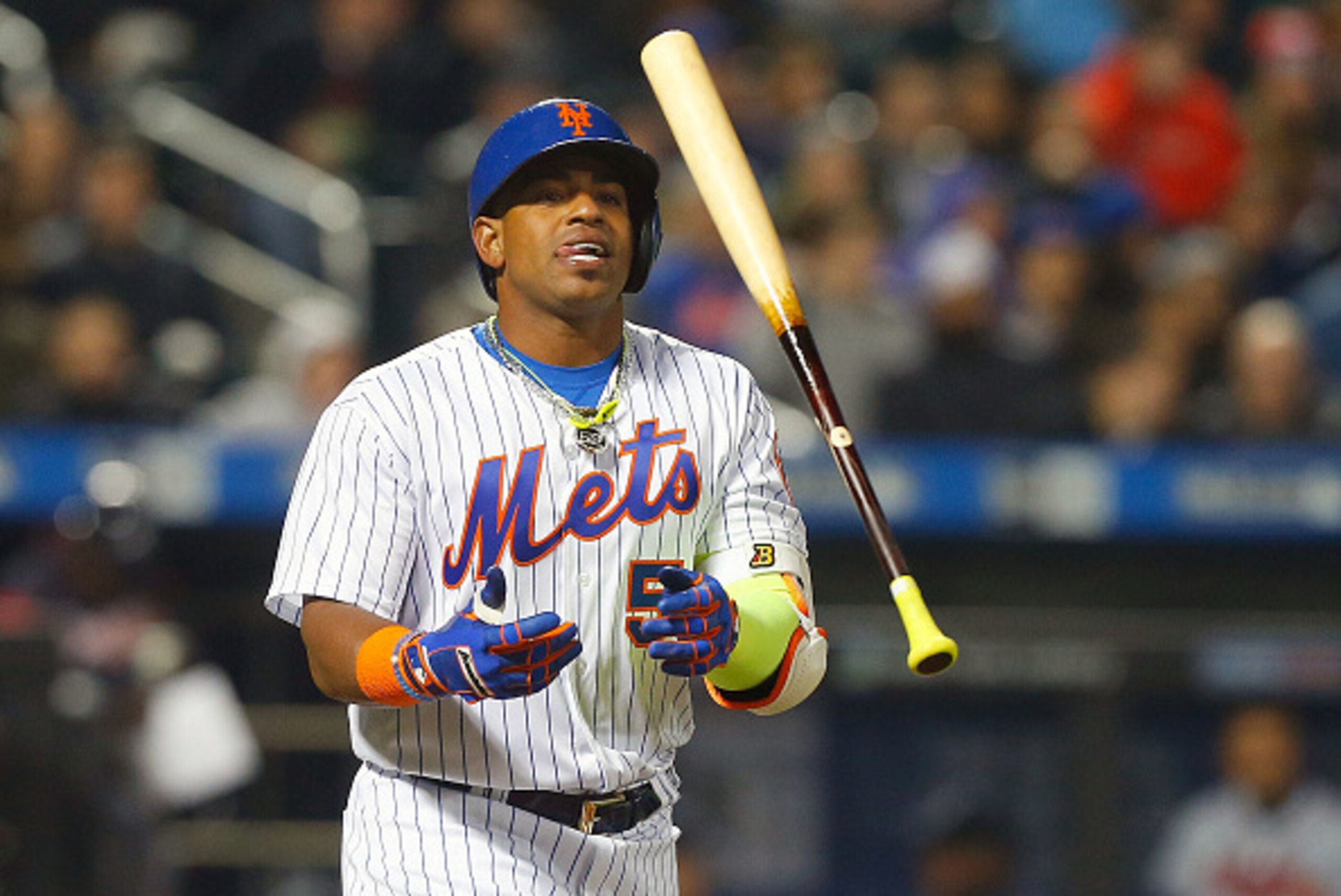 NEW YORK, NY - APRIL 05:  (NEW YORK DAILIES OUT)   Yoenis Cespedes #52 of the New York Mets in action against the Atlanta Braves at Citi Field on April 5, 2017 in the Flushing neighborhood of the Queens borough of New York City. The Braves defeated the Me