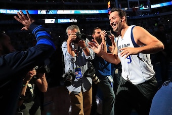 DALLAS, TX - APRIL 11:  Former NFL quarterback Tony Romo #9 of the Dallas Cowboys is introduced with the Dallas Mavericks before a game against the Denver Nuggets at American Airlines Center on April 11, 2017 in Dallas, Texas.  NOTE TO USER: User expressl