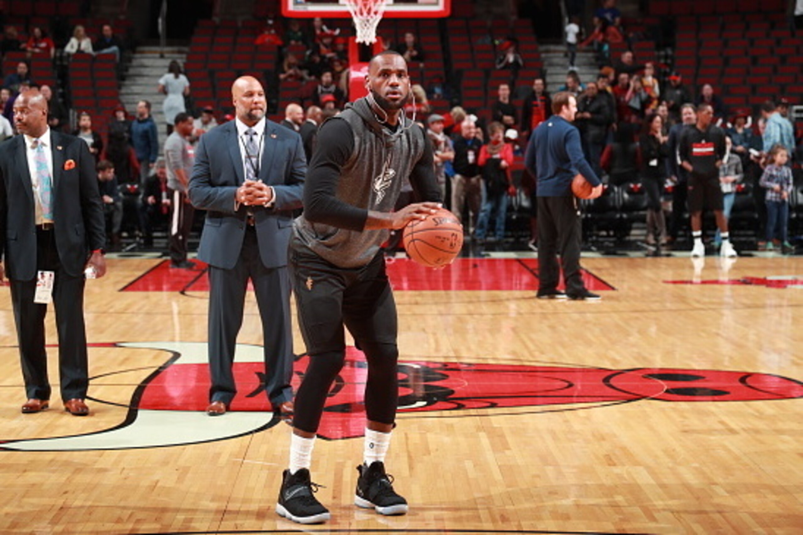 CHICAGO, IL - MARCH 30: LeBron James #23 of the Cleveland Cavaliers warms up before the game against the Chicago Bulls on March 30, 2017 at the United Center in Chicago, Illinois. NOTE TO USER: User expressly acknowledges and agrees that, by downloading a