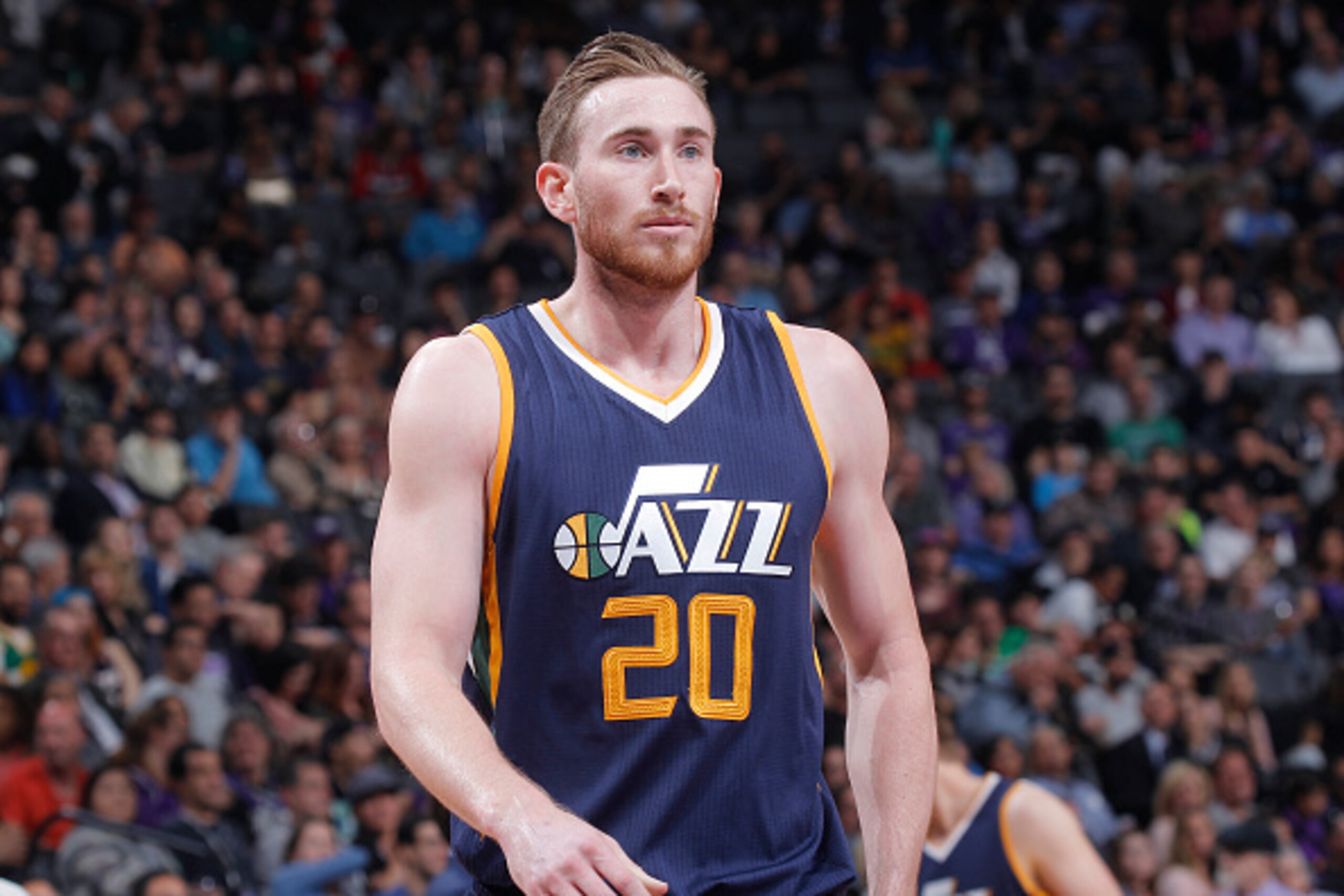 SACRAMENTO, CA - MARCH 29: Gordon Hayward #20 of the Utah Jazz looks on during the game against the Sacramento Kings on March 29, 2017 at Golden 1 Center in Sacramento, California. NOTE TO USER: User expressly acknowledges and agrees that, by downloading 