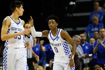 MEMPHIS, TN - MARCH 24: De'Aaron Fox #0 of the Kentucky Wildcats reacts after a play in the second half against the UCLA Bruins during the 2017 NCAA Men's Basketball Tournament South Regional at FedExForum on March 24, 2017 in Memphis, Tennessee.  (Photo 