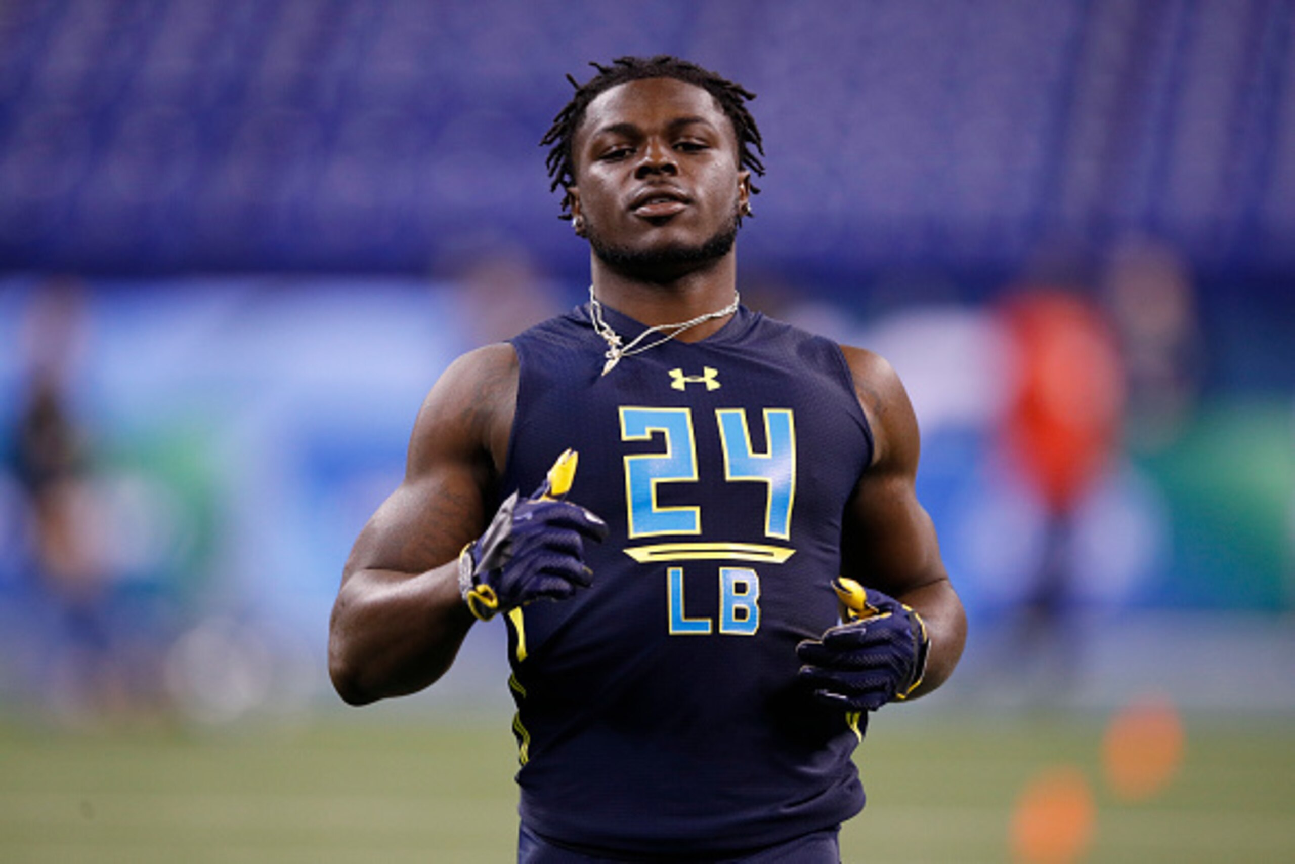 INDIANAPOLIS, IN - MARCH 06: Defensive back Jabrill Peppers of Michigan looks on during day six of the NFL Combine at Lucas Oil Stadium on March 6, 2017 in Indianapolis, Indiana. (Photo by Joe Robbins/Getty Images)