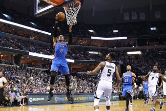 MEMPHIS, TN - APRIL 5:  Russell Westbrook #0 of the Oklahoma City Thunder goes up for a lay up during a game against the Memphis Grizzlies on April 5, 2017 at FedExForum in Memphis, Tennessee. NOTE TO USER: User expressly acknowledges and agrees that, by 